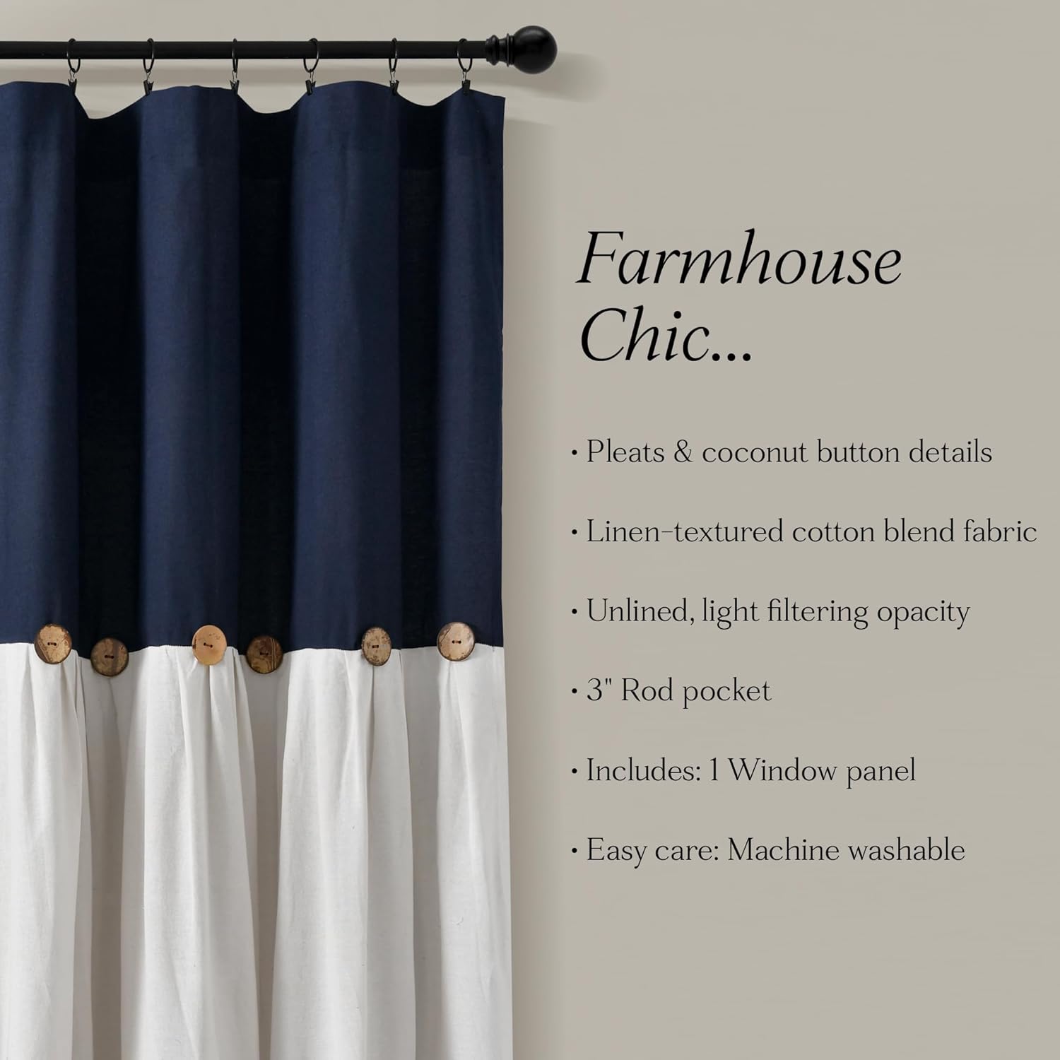 Lush Decor Linen Button Window Curtain Panel, Single, 100" W x 84" L, Navy & White - Country Curtains - Rustic Decor - Color Block Modern Farmhouse Curtains For Living Room, Bedroom & Dining Room