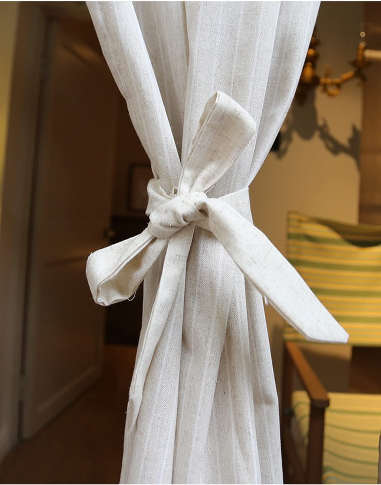 A.Monamour Gardine Scheibengardinen Kurzstores Blickdichte Baumwolle Beige Gestreift Mit Floraler Spitze Kurzvorhang Kurzgardinen Küchengardine Küche Vorhang Fenster Kurz Stores Bistrogardine