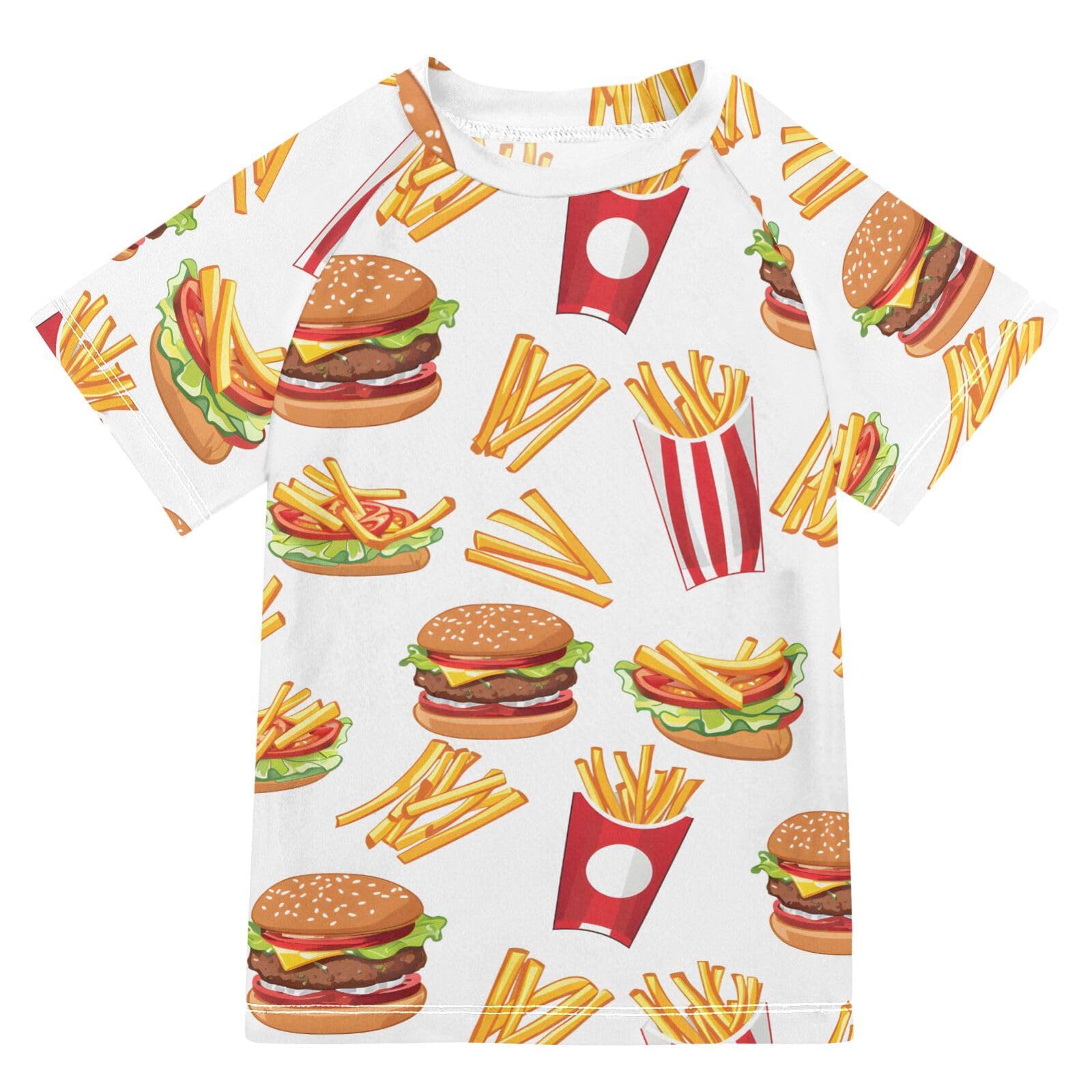 ALAZA Boys Rash Guard Swimming Shirt for Boys Short Sleeve French Fries Hamburger UPF 50+ 5-6T