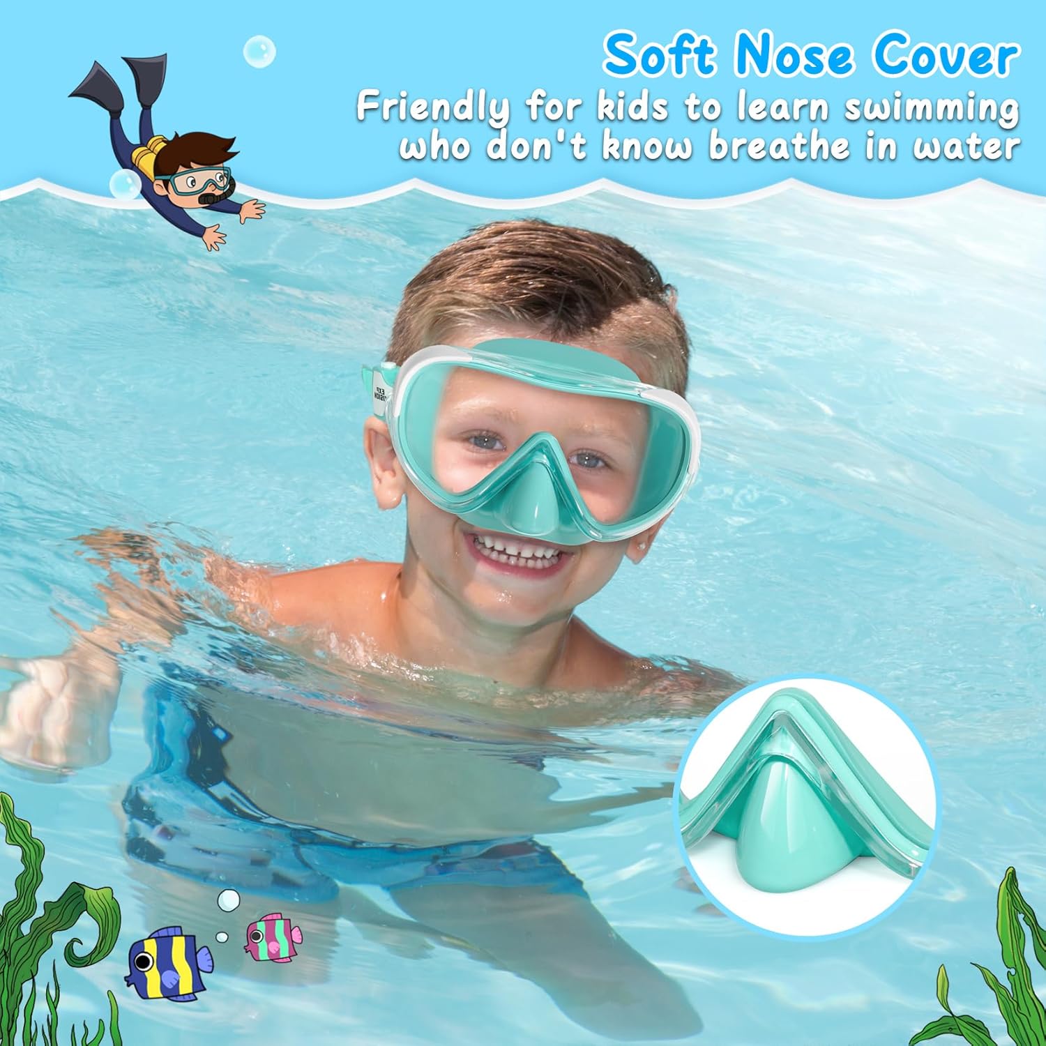Kids Swim Mask 180° Snorkel Diving Mask, Anti-Fog Child Swim Goggles with Nose Cover No-Leak Swimming Goggles Anti-Shattered Lens for Youth 4-15
