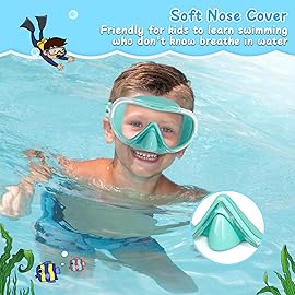 Kids Swim Mask 180 Snorkel Diving Mask, Anti-Fog Child Swim Goggles with Nose Cover No-Leak Swimming Goggles Anti-Shattered Lens for Youth 4-15 (Mint Green)