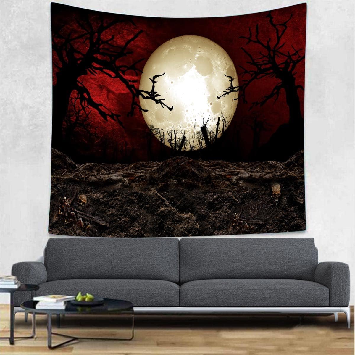SHRAPHY Moon Tapestry Scary Graveyard Scarlet Sky Tapestry Large 100x90 Inches Halloween Art Wall Hanging Tapestry for Bedroom GTLSUH1209
