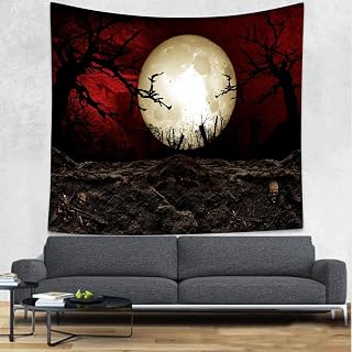 Full Moon Tapestry,Halloween Cemetery Scarlet Sky,Spooky Forest,60x60Inch | Gothic Dark Forest,Nature Skull Withered Tree Landscape,Black Red Anime,Horror Event,Men Dorm,Bedroom Home Decor GTLSUH1207
