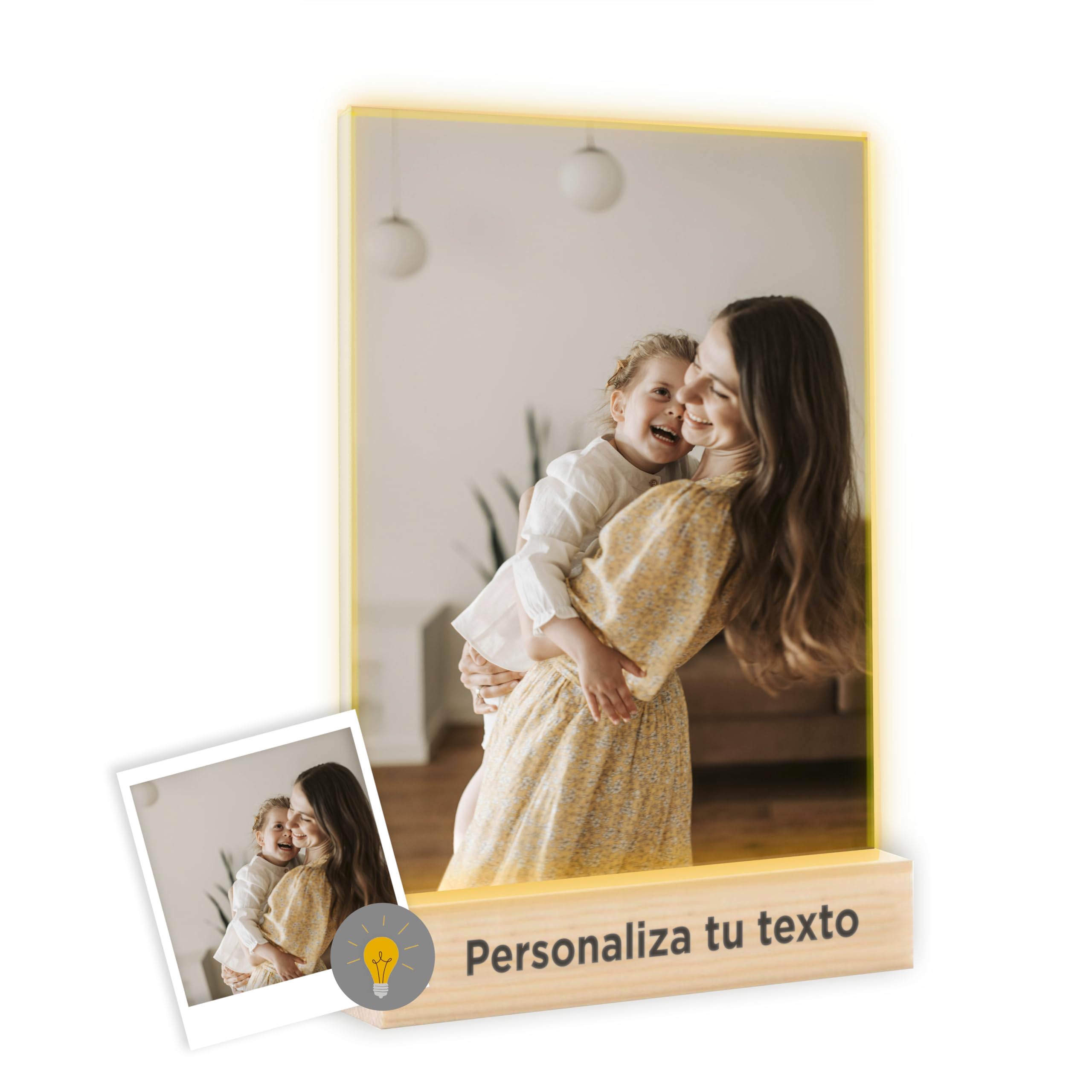 P Pevita Lámpara Personalizada con Foto. Cuadro Personalizado en metacrilato + Base de Madera. CREA Regalos Originales Personalizados para Mujer, día del Padre, día de la Madre, Navidad, San valentín