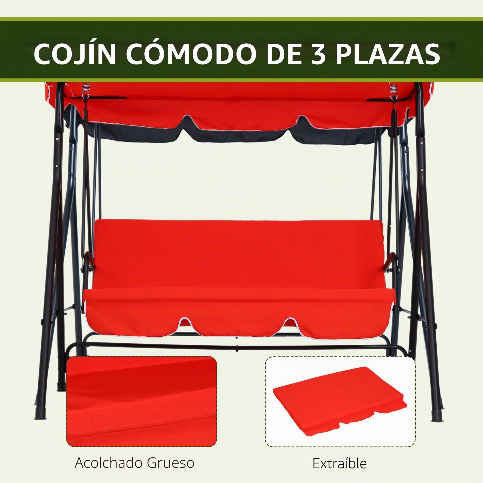 Outsunny - Balancín de jardín (3 plazas, inclinación, ajustable, cojines de asiento y respaldo, 1,72 x 1,1 x 1,52 cm, acero negro, poliéster, color rojo