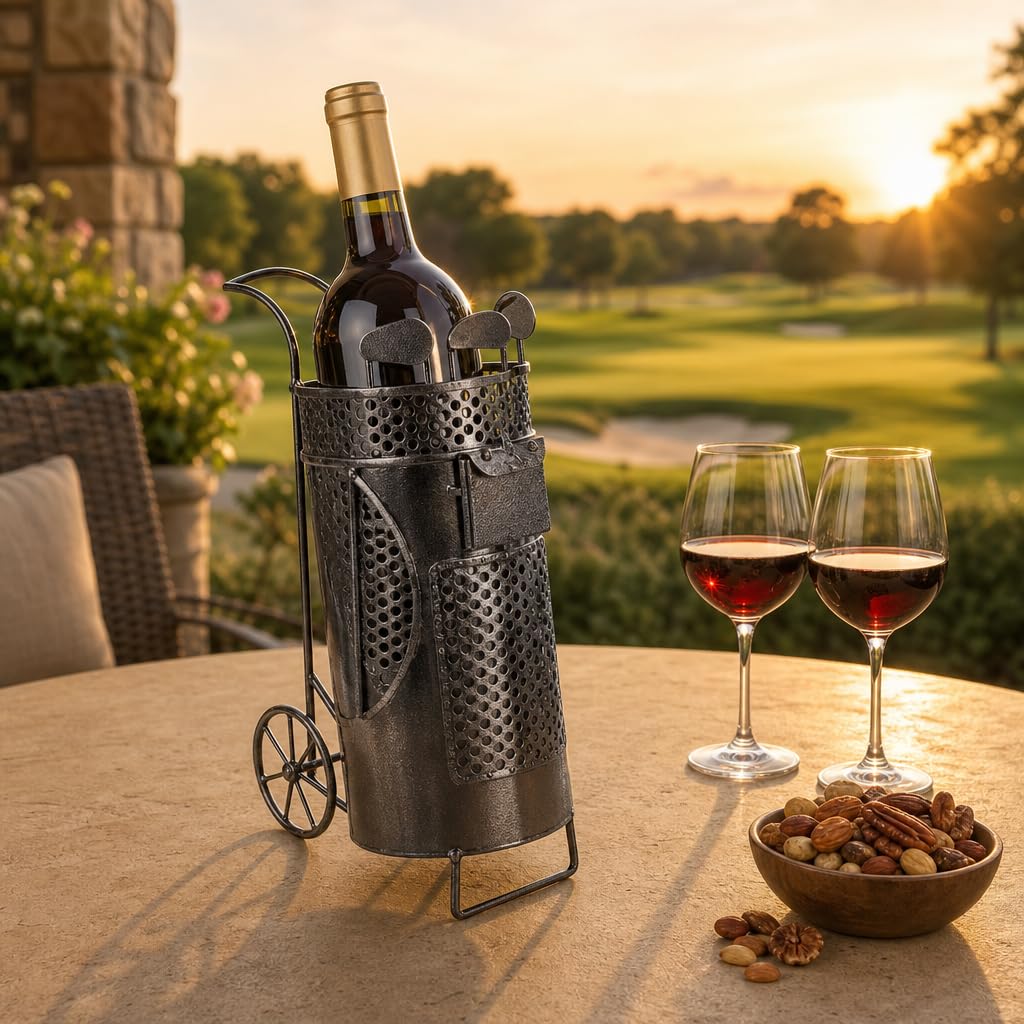 MIJOMA Porte-bouteille de vin sac de golf en métal - Porte-vin décoratif pour 1 bouteille - Fait à la main - Cadeau de golf - Porte-bouteille original pour vin, fer, 13 x 10 x 25 cm