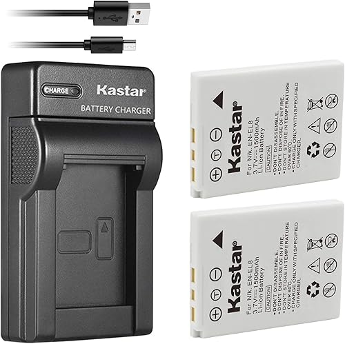 Kastar Batería X2 y cargador USB delgado para Nik EN-EL8 Coolpix P1P2S1S2S3S5S6S7S7cS8S9S50S51S51cS52S52c y Cool-Station MV-11MV-121