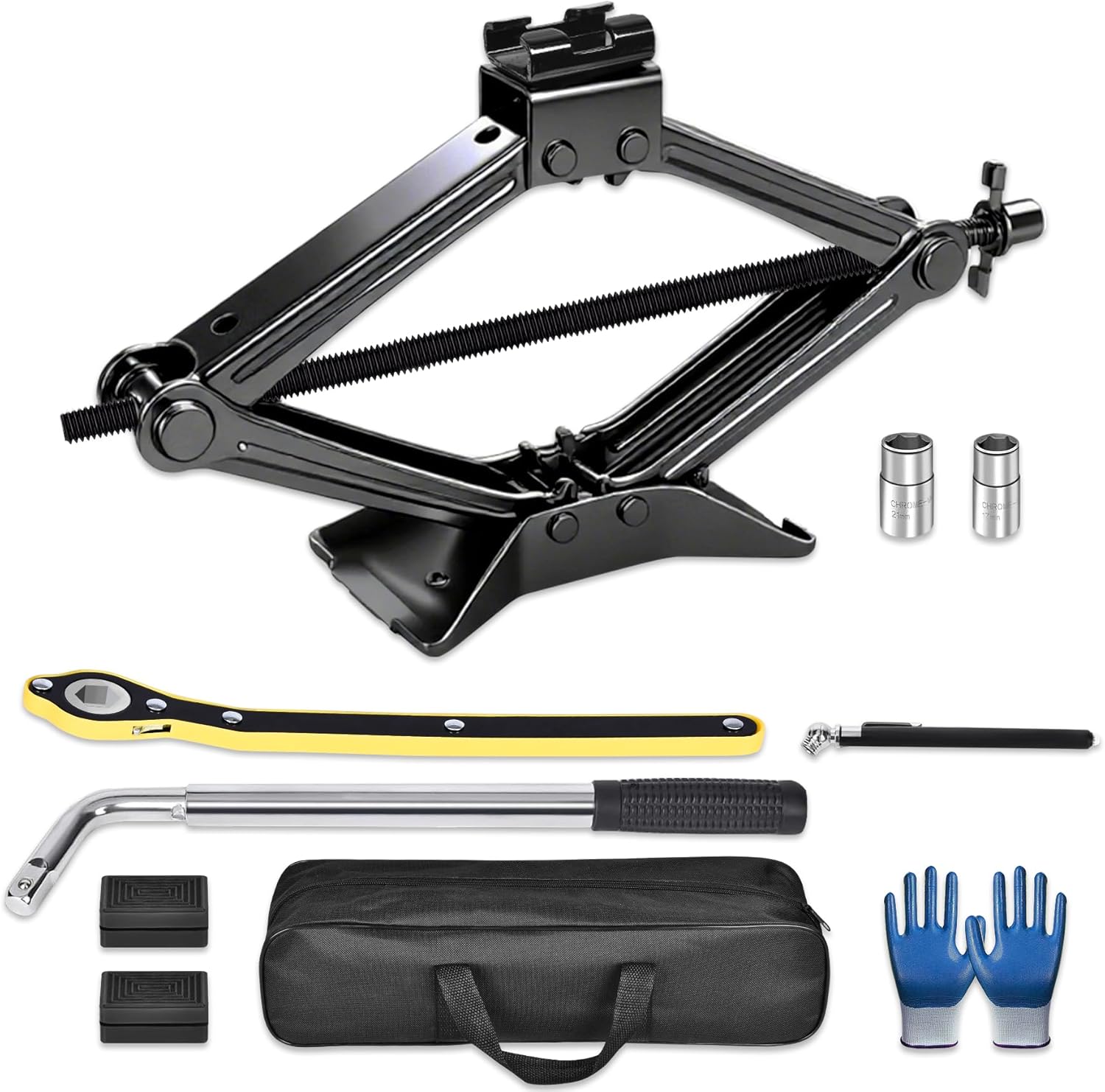 SPECILITE Scissor Jack, 2.5T(5512 Lbs), High-Strength Car Jack & Stand Kit with Rubber Pad, Tire Changing Kit with Ratchet Handle&Lug Wrench, Universal Vehicle Emergency Set for Various Models Black