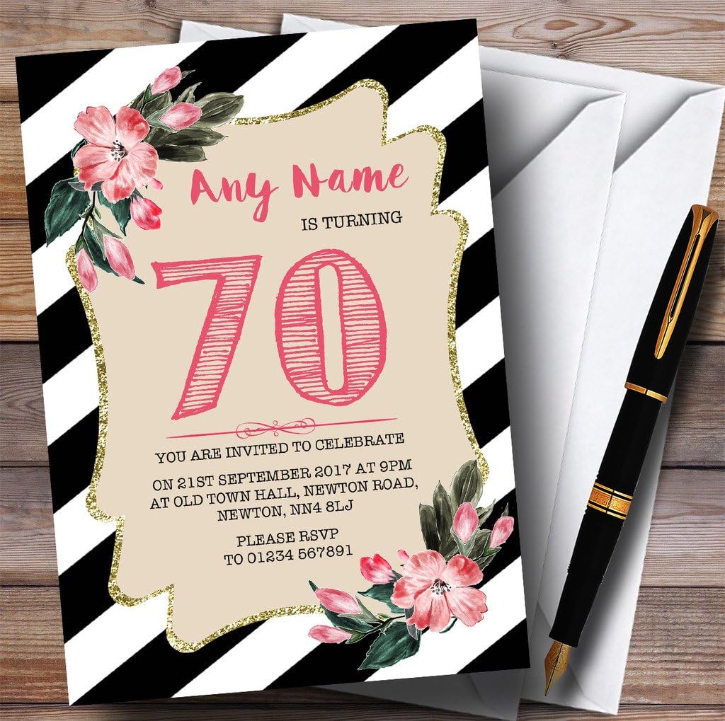 Black & White Striped Pink Flower 70th Personalized Birthday Party Invitations