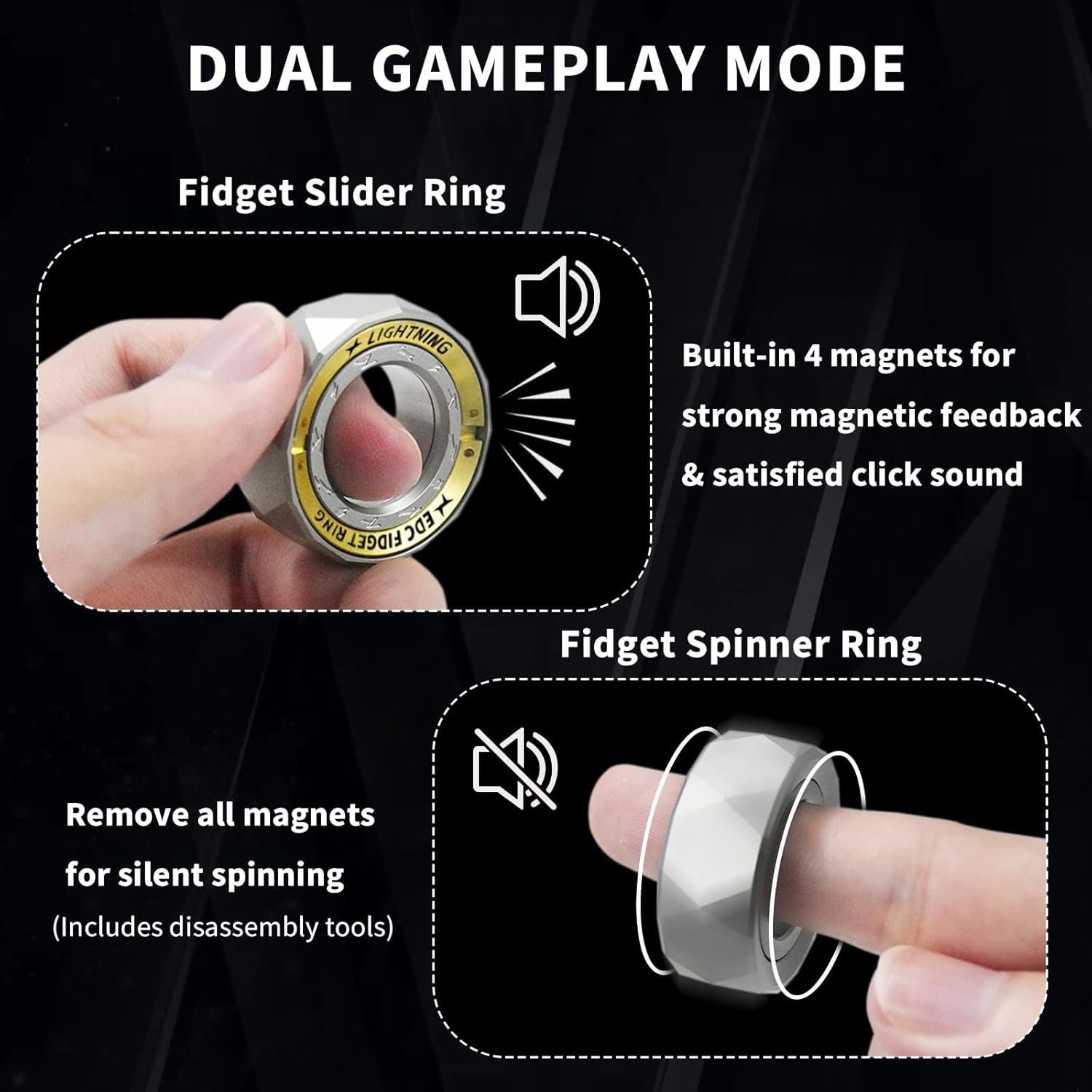 Lightning Fidget Ring for Adults, Stainless Steel Spinner Ring Fidget Toys Adults with Haptic Feedback, Office Desk Toy for Stress Relief & Keep Focus, EDC Fidget Toy for Men & Women (Silver)