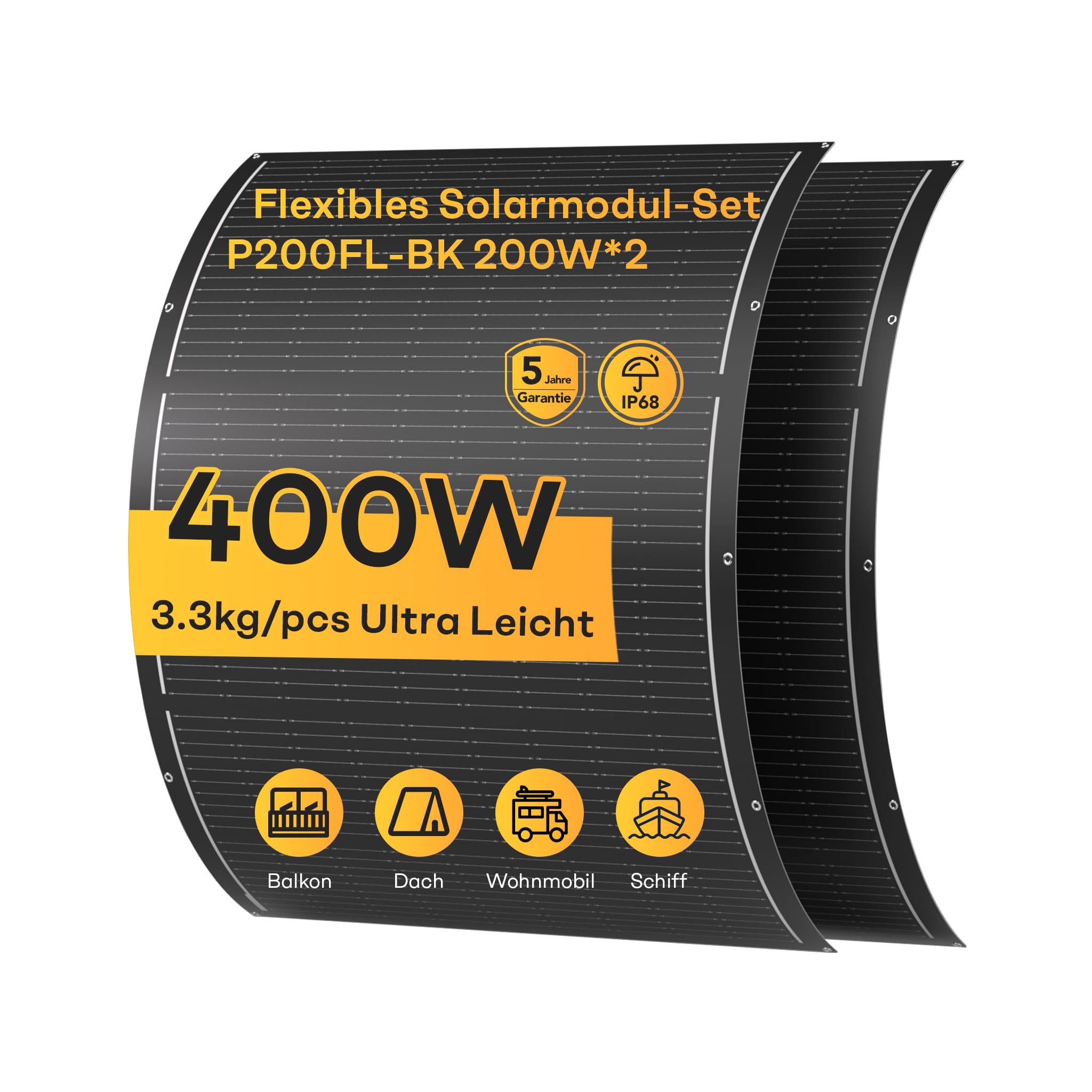 Flexibles Solarpanel 2x200W | Voc 18,55 V · Isc 13,7 A · Vmp 15,3 V · Imp 13,1 A | Monokristallin, Glasfaser-Laminat | Leicht & Biegbar | Ideal für Balkon, Dach & Gartenzaun | Junction Box hinten