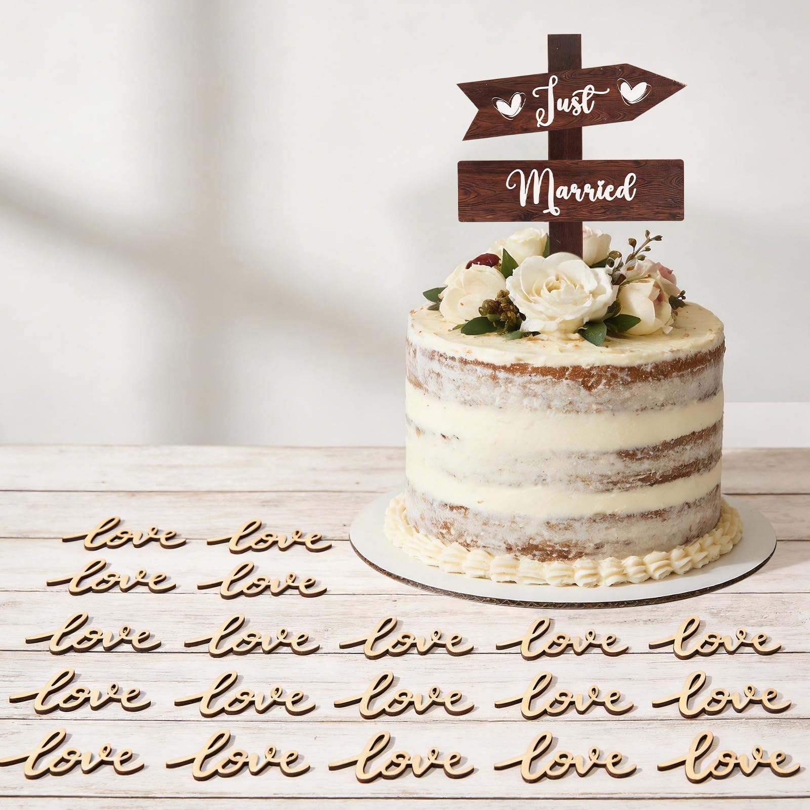 Wooden Wedding Cake Topper Set - Rustic Just Married Sign with 20 LOVE Letters - Affordable Cake Decorations for Wedding Party