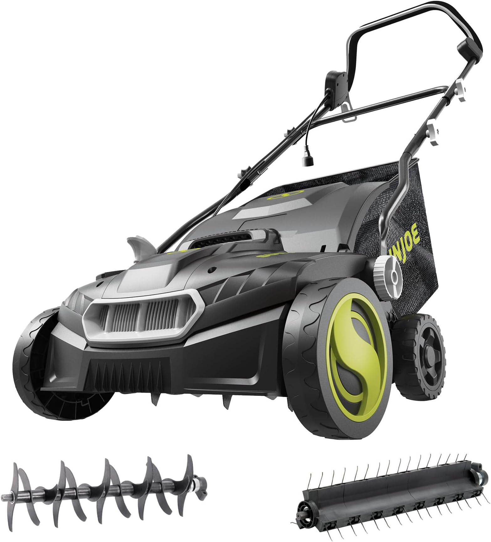 Sun Joe Corded Dethatcher & Scarifier with 13.2-Gal Bag, 15-Inch Cutting Width, 15-Amp Motor - Heavy-Duty Yard Trimmer Machine for Gardening Care and Lawn Maintenance, AJ808E
