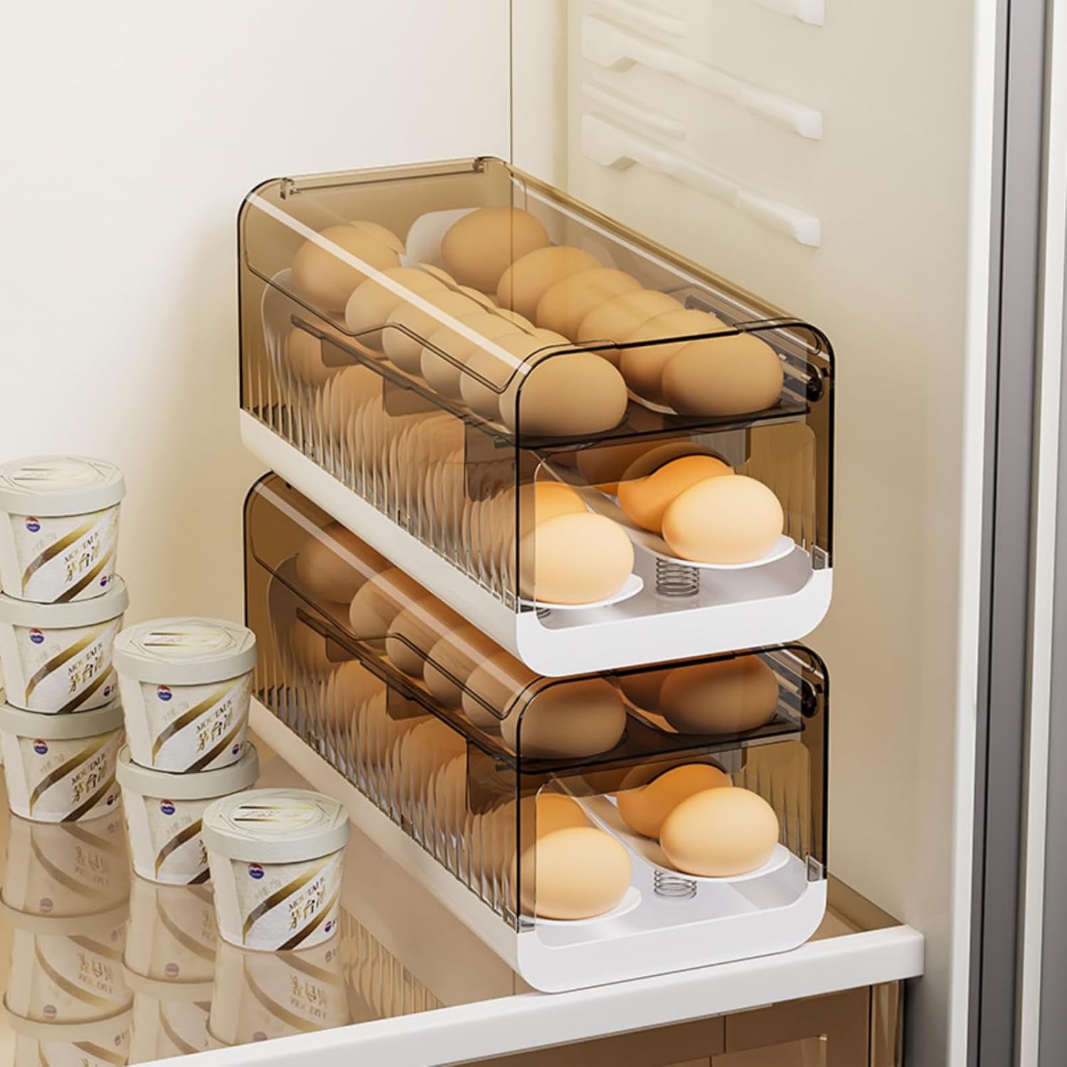 Egg Dispenser for Refrigerator, Automatic Rolling Egg Container with Time Scale Function, Large Capacity Egg Holder for Fridge, Flip Cover Stackable Egg Trays Organizer Storage for Kitchen-Grey
