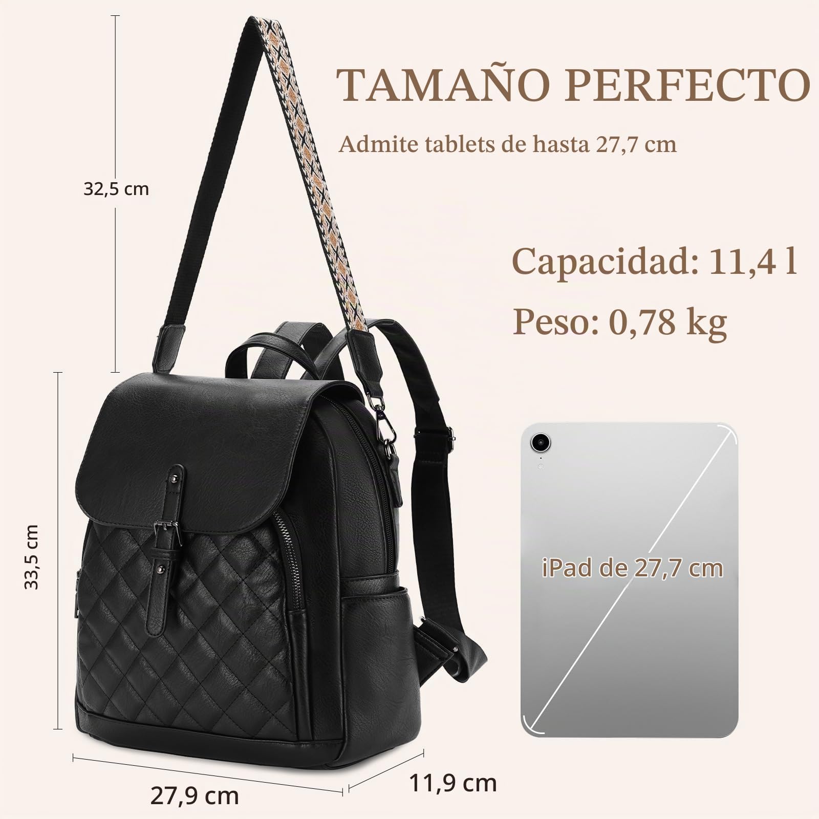 Chase Chic Bolso Mochila Mujer, Mochila de Cuero Pu Impermeable Mochila Antirrobo Bolsos de Hombro Bandolera Casual para Trabajo, Escuela y Viaje, Negro