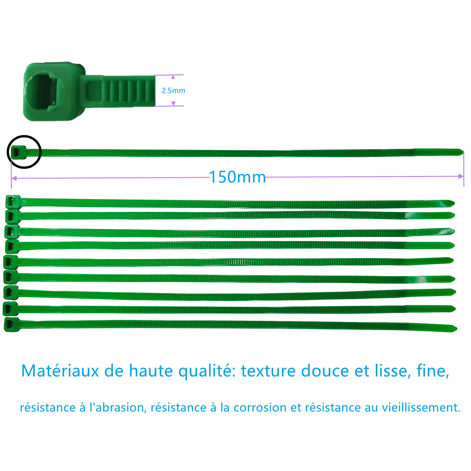 300 Stück Kabelbinder Grün - 150mm Länge, 2.5mm Breite - Nylon, Hitzebeständig (-20°C Bis +85°C), Zugfestigkeit 8kg