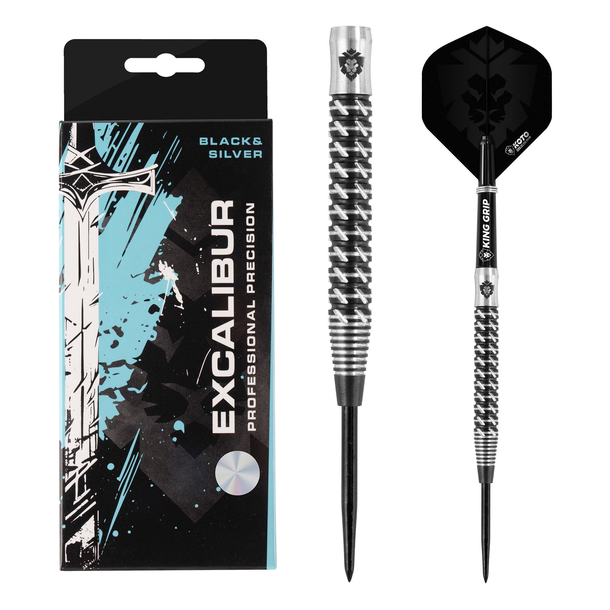 KOTO - Excalibur 90% Darts 21 G, Negro y Plata, Set de Dardos Incluye 3 Barriles, Flights + Shafts y Estuche para Dardos