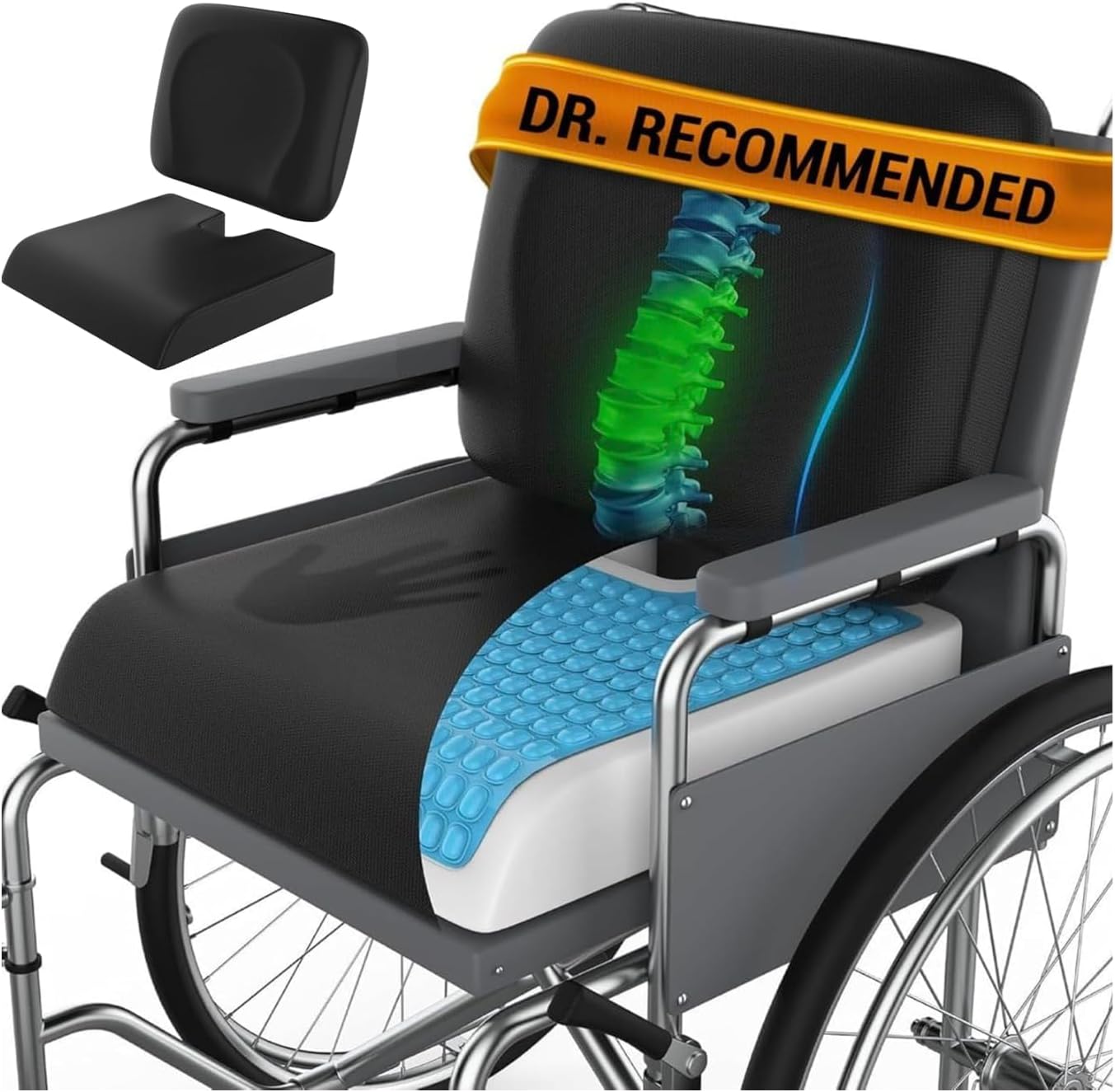 Wheelchair Cushion for Pressure Relief - (2-PIECE Set) 18”x16” Anti-Slip Wheelchair Seat Cushions for Adults, Seniors with Lumbar Pillow and Removable Strap, Gel Cushion for Wheelchair