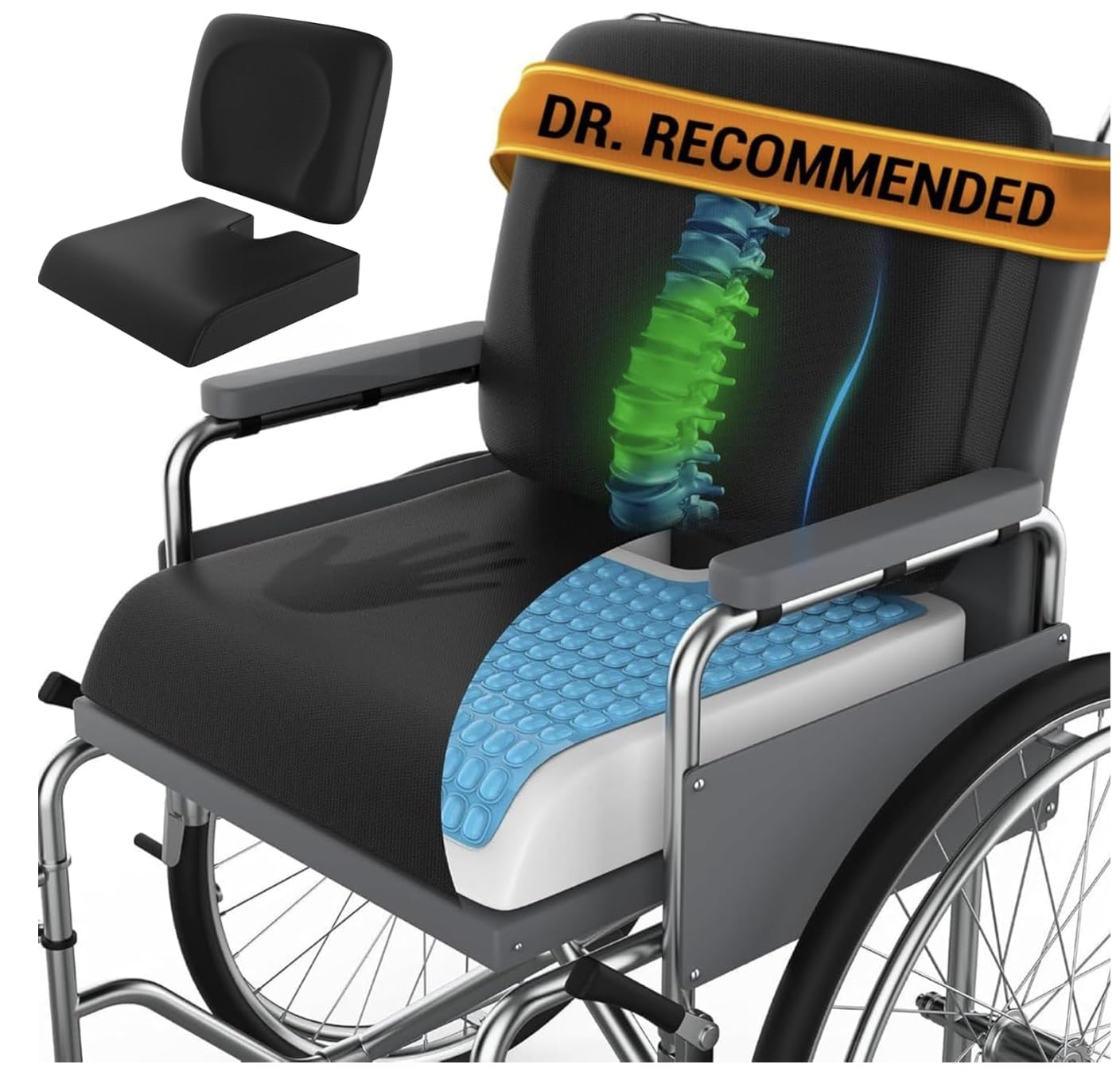 Wheelchair Cushion for Pressure Relief - (2-Piece Set) 18”x16” Anti-Slip Wheelchair Seat Cushions for Adults, Seniors with Lumbar Pillow and Removable Strap, Gel Cushion for Wheelchair