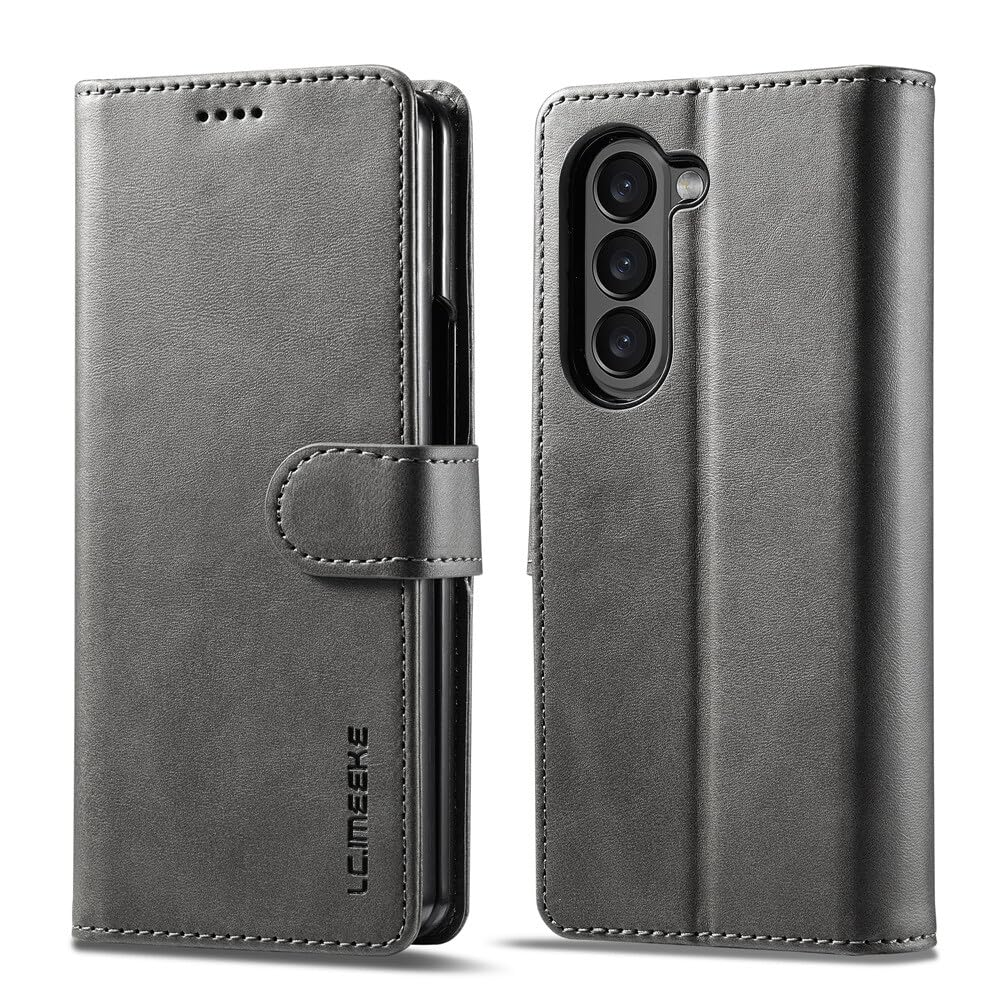 Generic Custodia compatibile con Samsung Galaxy Z Fold 4 (colore: grigio) Custodia a portafoglio in pelle magnetica con slot per carte di credito