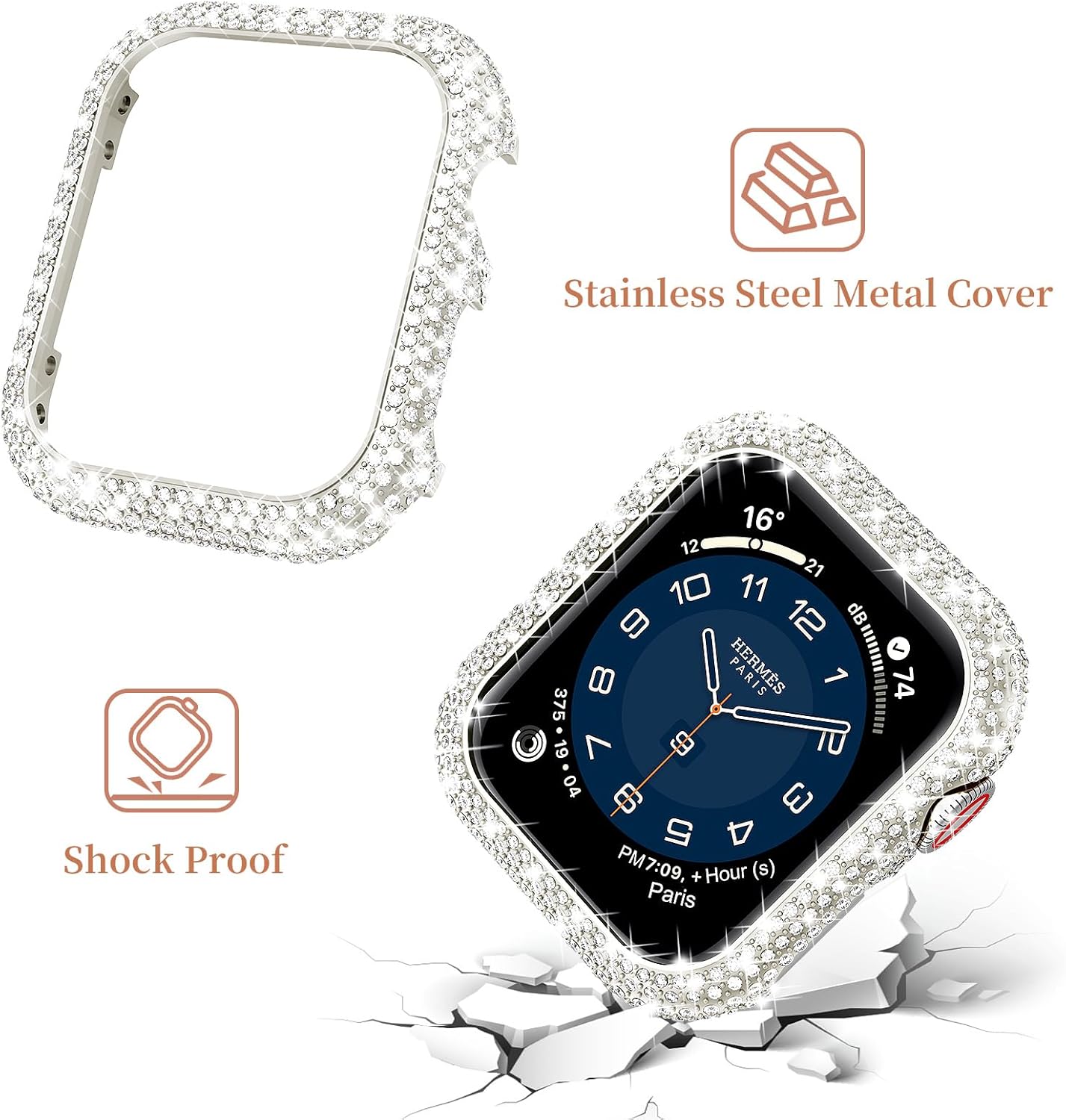 Mosonio Compatible with Bling Apple Watch Band Women 40/44/41/45/42/46mm with Shiny Metal Case, Full Sparking Luxury Diamond Bands and Cover Set, Charming Wedding Strap for iWatch SE Series 11/10/9/8/7/6/5/4 - Image 4