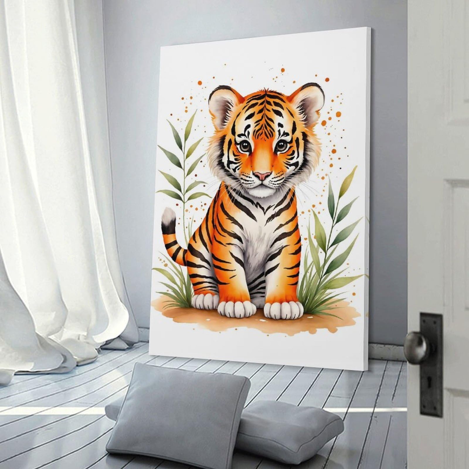 Junmoney Frame-Style-21 Canvas Art Print Cute Tiger Watercolor, 08X12inch(20X30cm), For Contemporary Homes, Apartments Or Offices, Decorative Canvas Decor For Home Updates