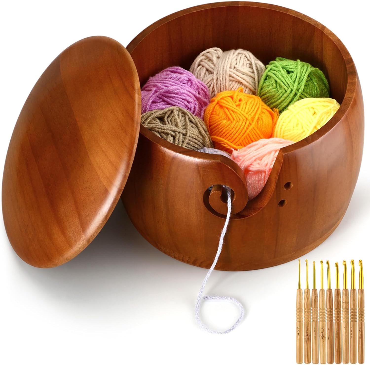 Giegxin Large Wooden Yarn Bowl with Lid 9"x9"x6" Yarn Holder for Knitting Craft Pine Wool Storage with 9 Pcs Crochet Hooks Handmade Crochet Kit Organizer Accessories for String (Dark Brown, Classic)