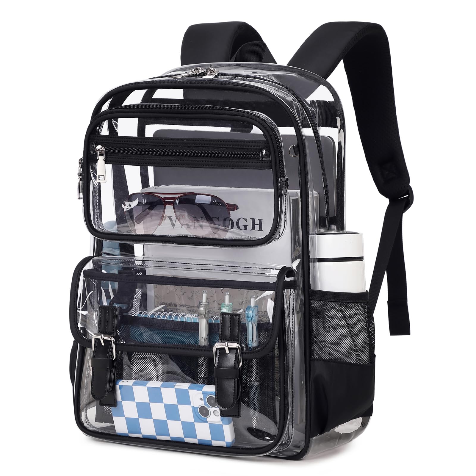 Large Clear Backpack Transparent Heavy Duty School PVC Bookbag See Through Bag Boys and Girls for College Work Travel Security, Black