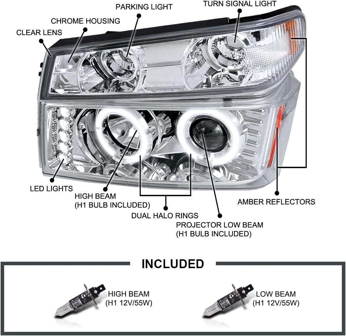 SPEC-D TUNING Chrome Housing Clear Lens LED Halo Projector Headlights + Bumper Lights Compatible with 2004-2012 Chevy Colorado, 2004-2012 GMC Canyon, Left + Right Pair Headlamps Assembly