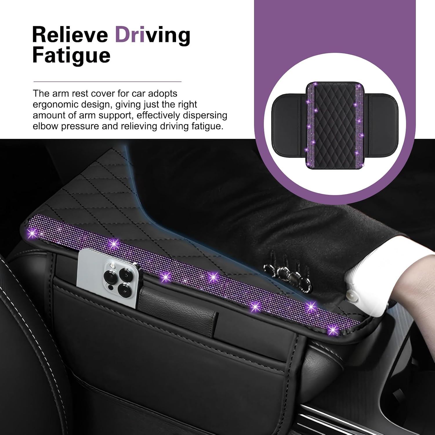 Bling Car Center Console Cover, Center Armrest Cover with 2 Storage Bags, Purple Bling Car Accessories, Center Console Cushion Purple Car Accessories, Car Console Covers for Women (Purple)