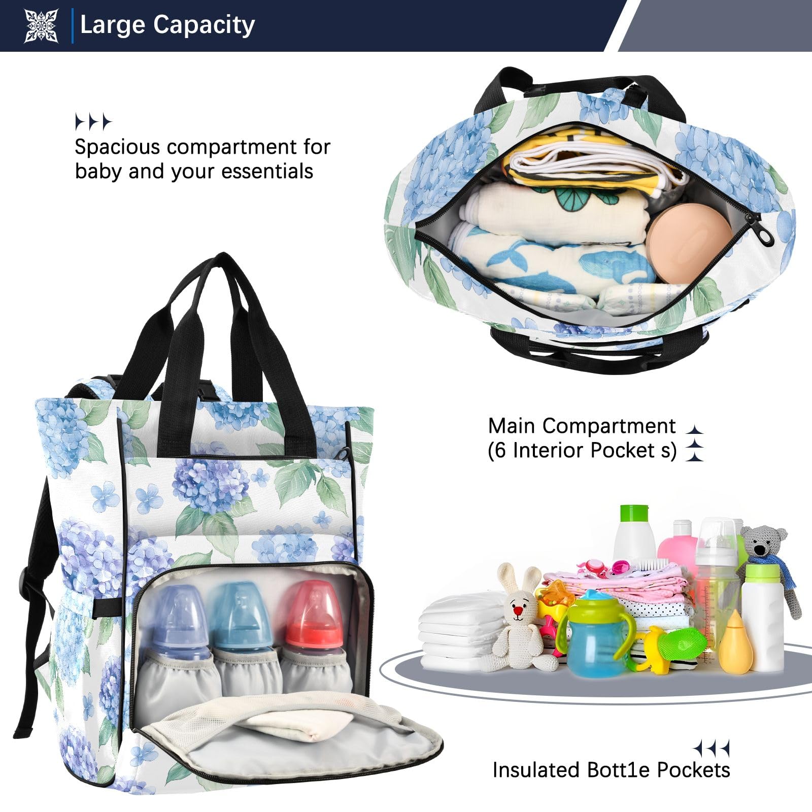 Mnsruu Borsa per pannolini per bambini con motivo di ortensia viola pallido ad acquerello borsa grande borsa impermeabile da viaggio borse per pannolini per mamme e papà