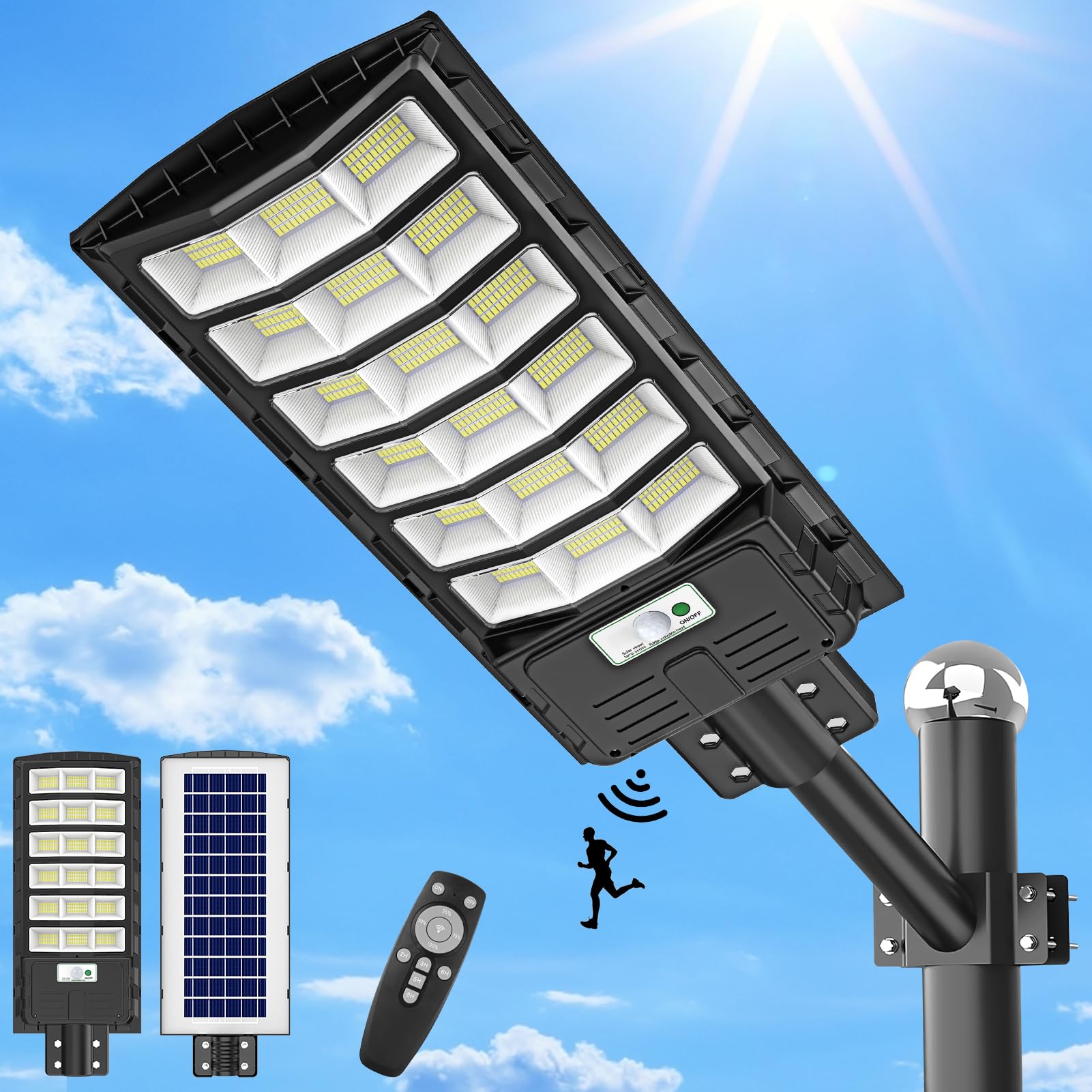 Viugreum 600W LED Solar Straßenlaterne mit Fernbedienung, 6500K Straßenlampe mit Bewegungsmelder Sensor IP65 Wasserdich Außen Solar Flutlichter Dämmerung bis zum Morgengrauen Außen Wegeleuchte