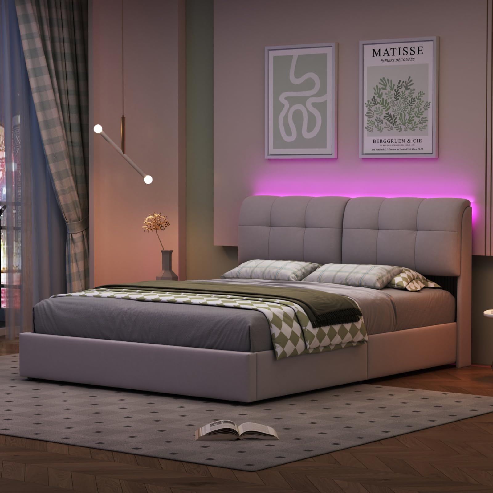 Letto matrimoniale imbottito con contenitore, struttura letto ottomana in velluto con alzata a gas, letto per camera da letto con LED e rete a doghe, per adulti e ragazzi, beige, senza