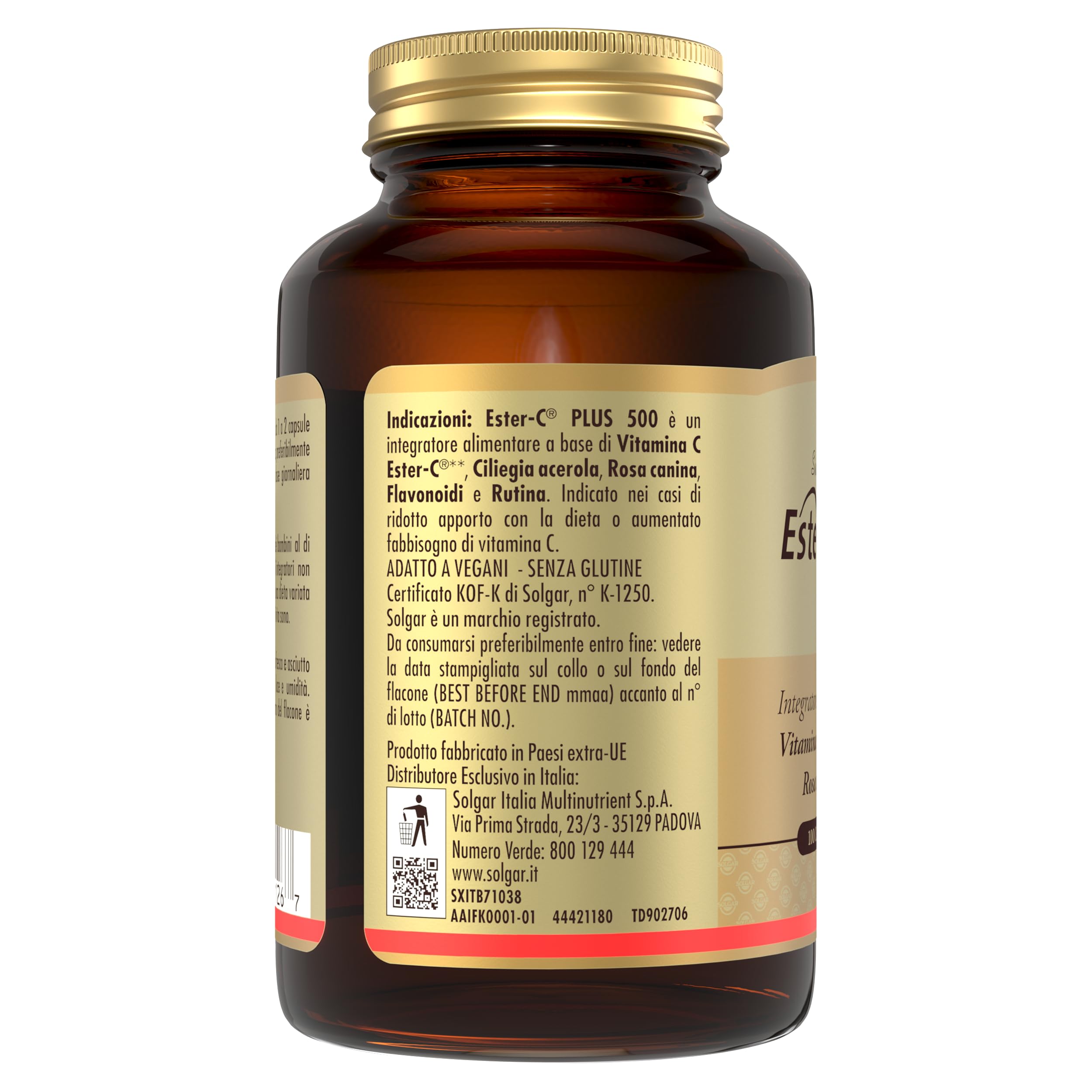 Solgar Ester-C® Plus 500, 100 Capsule Vegetali - Vitamina C pH Tamponato con Bioflavonoidi, Rosa Canina, Ciliegia Acerola e Rutina