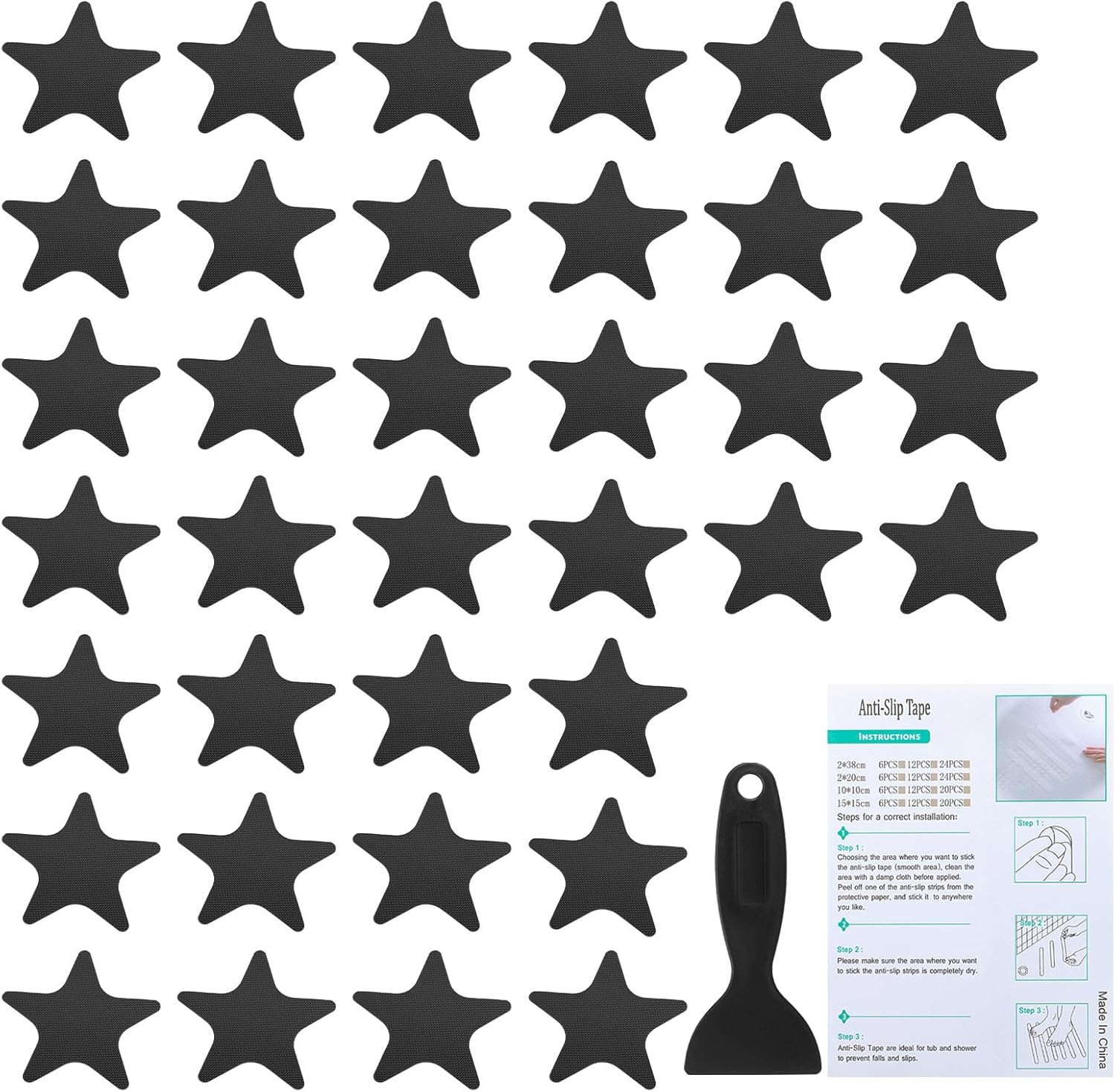 PATIKIL Bathtub Non Slip Stickers 4.13x4.13 Inch, 36 Pack Star Safety Shower Floor Anti Slip Stickers with Adhesive Decals Scraper for Bath Tub Shower Floor Stair, Black