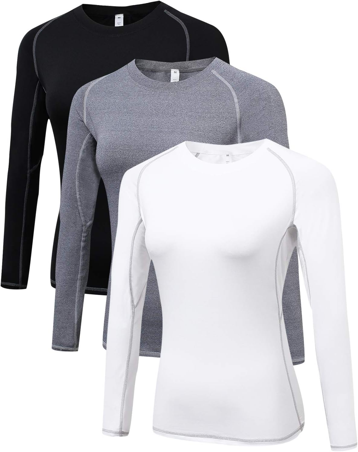 Women's 3 Pack Athletic Compression Long Sleeve T Shirt Tops(Black-White-Gray,L)