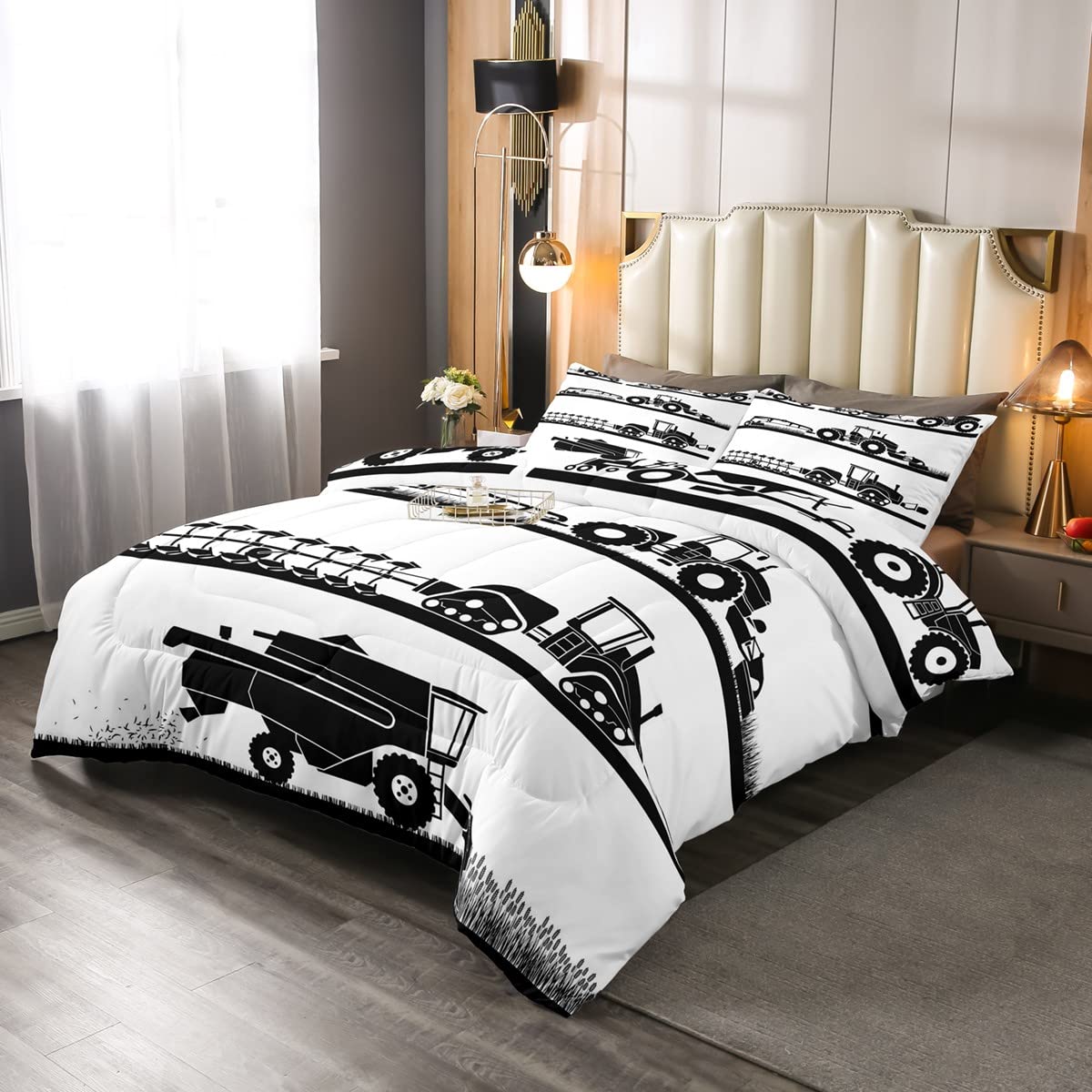 Cartoon Construction Excavator Bedding Set Cartoon Harvester Duvet Set for Kids Boys Girls Teens Vehicles Truck Car Breathable Black and White Duvet Insert Double Size
