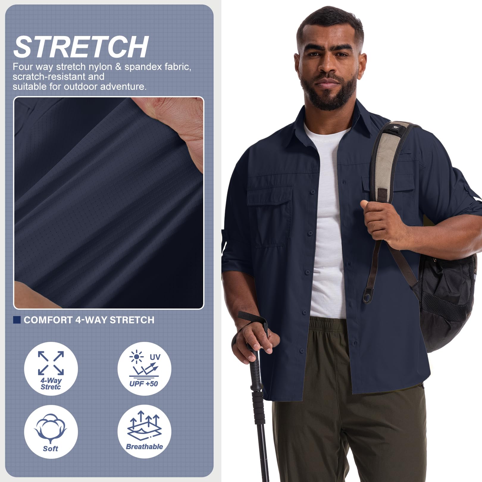 Camisas de safari para hombre, protección solar UV UPF 50+, manga larga, para exteriores, secado rápido, pesca, senderismo, jardinería
