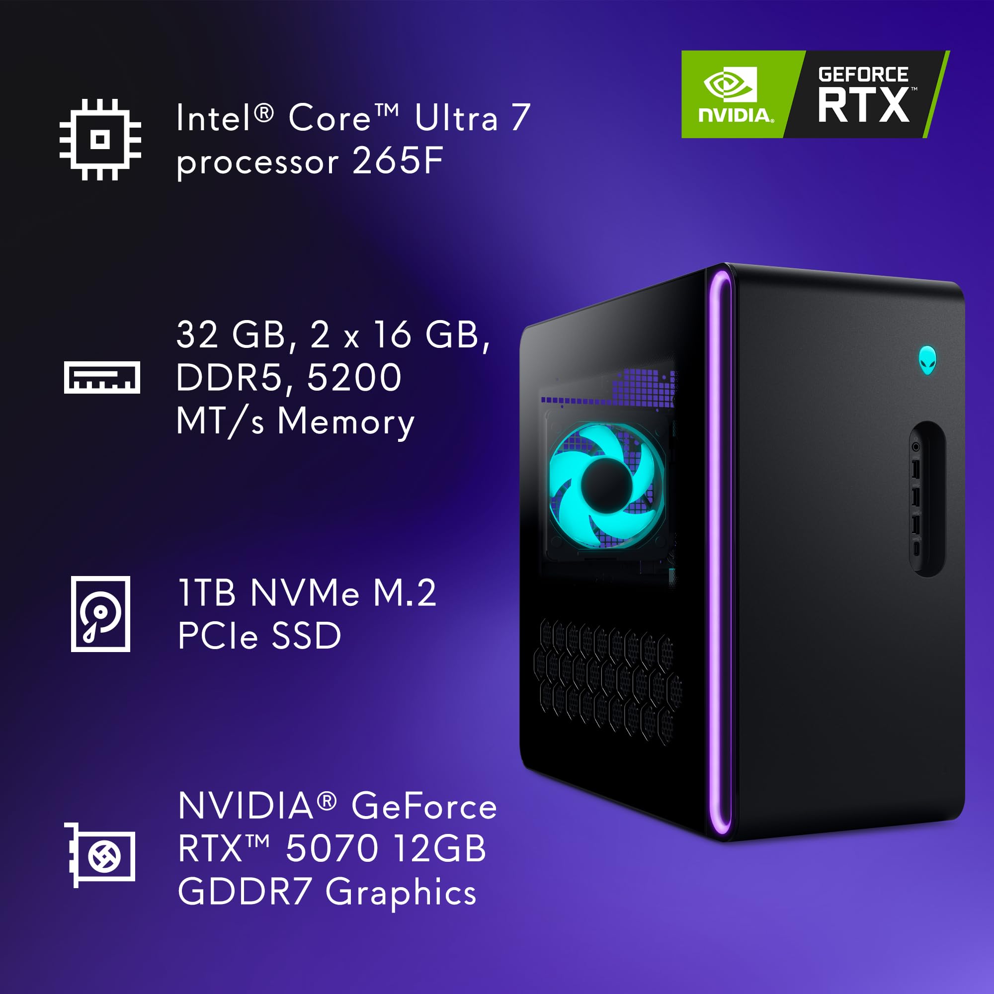 Alienware Aurora Gaming Desktop ACT1250 - Intel Core Ultra 7 265F, 32GB DDR5 RAM, 1TB SSD, NVIDIA GeForce RTX 5070, 1000W Platinum Rated PSU, Windows 11 Home, Clear Panel - Black