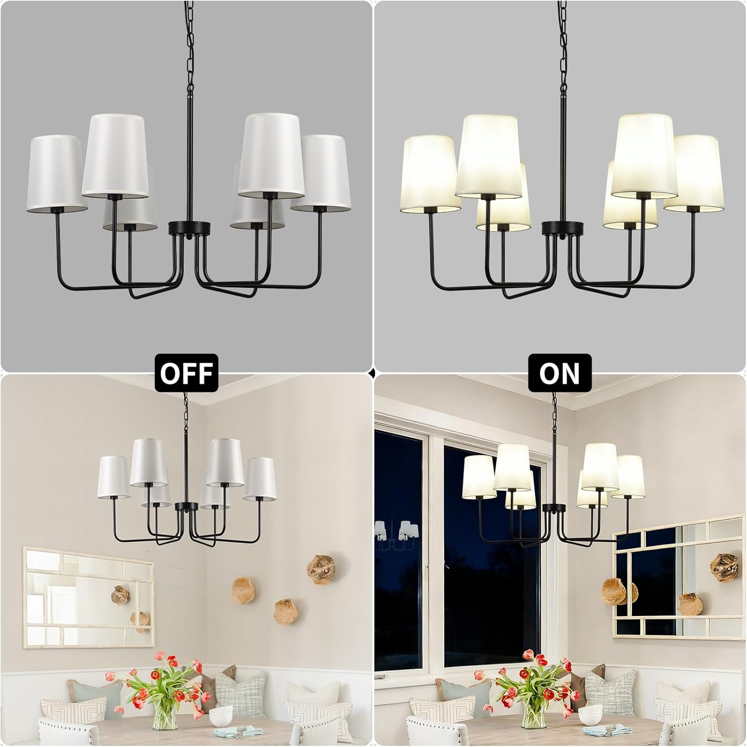 29.5" Black Farmhouse Chandelier with Shade, 6-Arm Vintage Modern Dining Room Light Fixture, Chandeliers Ceiling Light Fixture for Bedroom Kitchen Island Living Room Bulb Not Included