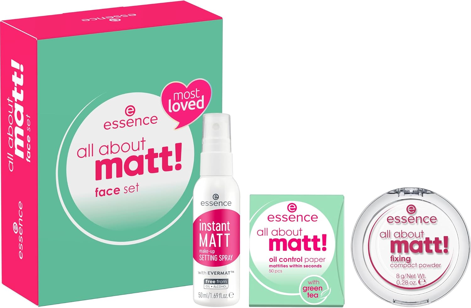 Essence All About Matte gezichtsset, make-up set, acetonvrij, veganistisch, zonder microplastic deeltjes, zonder alcohol, per stuk verpakt (3 stuks)