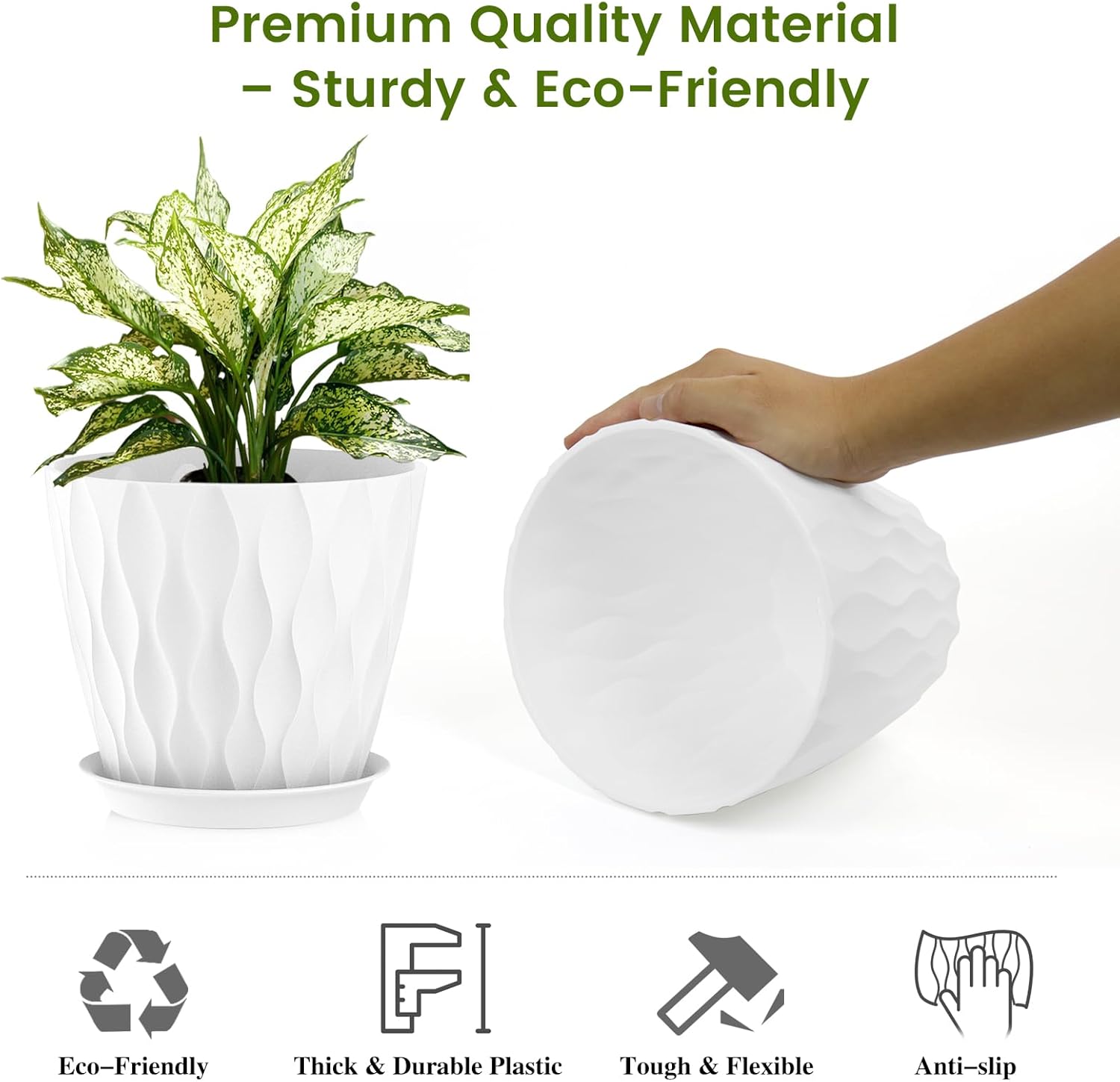 UOUZ 8 Inch Plant Pots, 4 Pack Plastic Planters for Indoor Outdoor with Drainage Holes & Saucers, Waffle Texture Flower Pots for Indoor Plants, Indoor Plant Pots for Monstera, Fiddle Leaf Fig, White