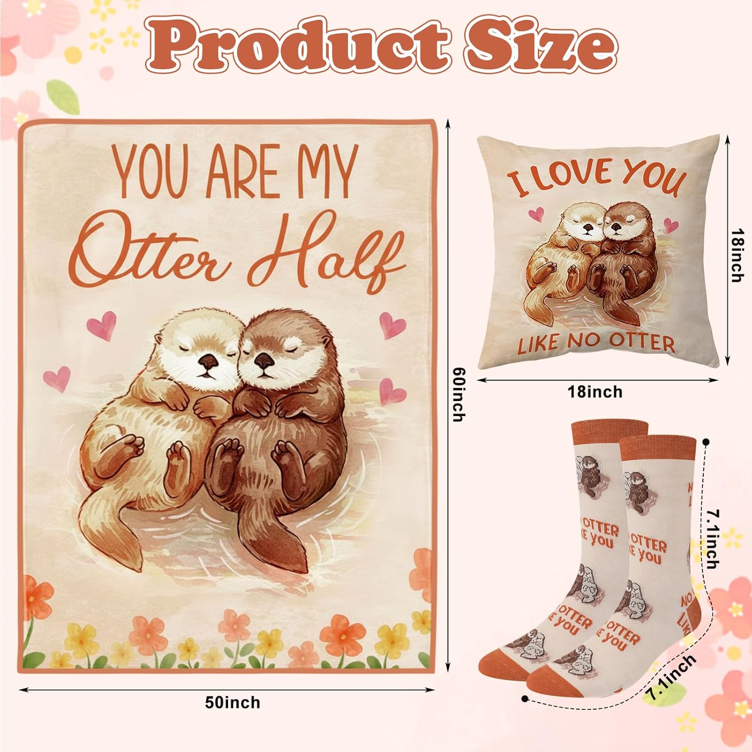 Moukeren 3 Pcs Anniversary Otter Gift for Her Couple for Women Wife Include Otter Throw Blankets Cute Soft Novelty Crew Socks Pillow Cover Girlfriend Sweetest Day Couples Idea