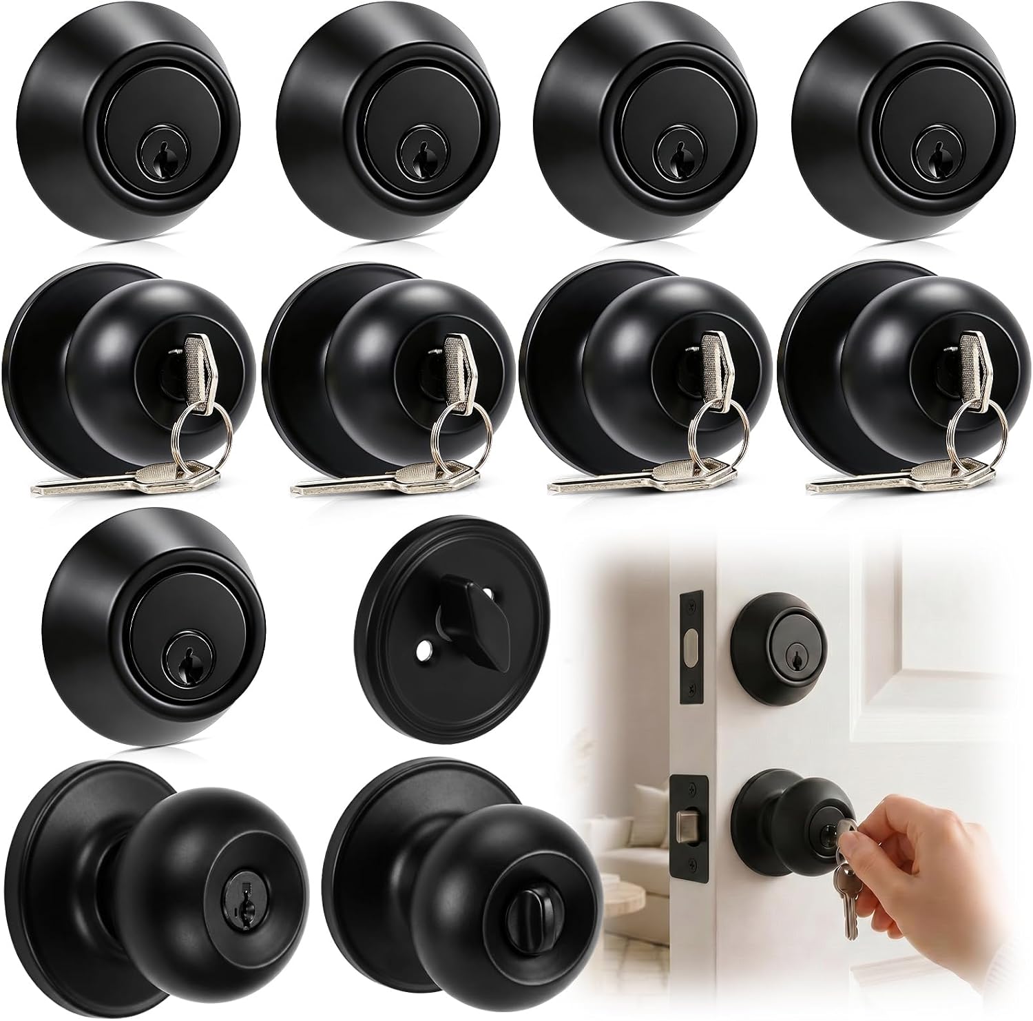Hicarer 6 Pack Front Door Lock with Deadbolt, Keyed Alike Entry Knobs, Matte Black Exterior Hardware, Adjustable 2-3/8 to 2-3/4 Inches, Easy Install Secure Handle and Latch Combo for House