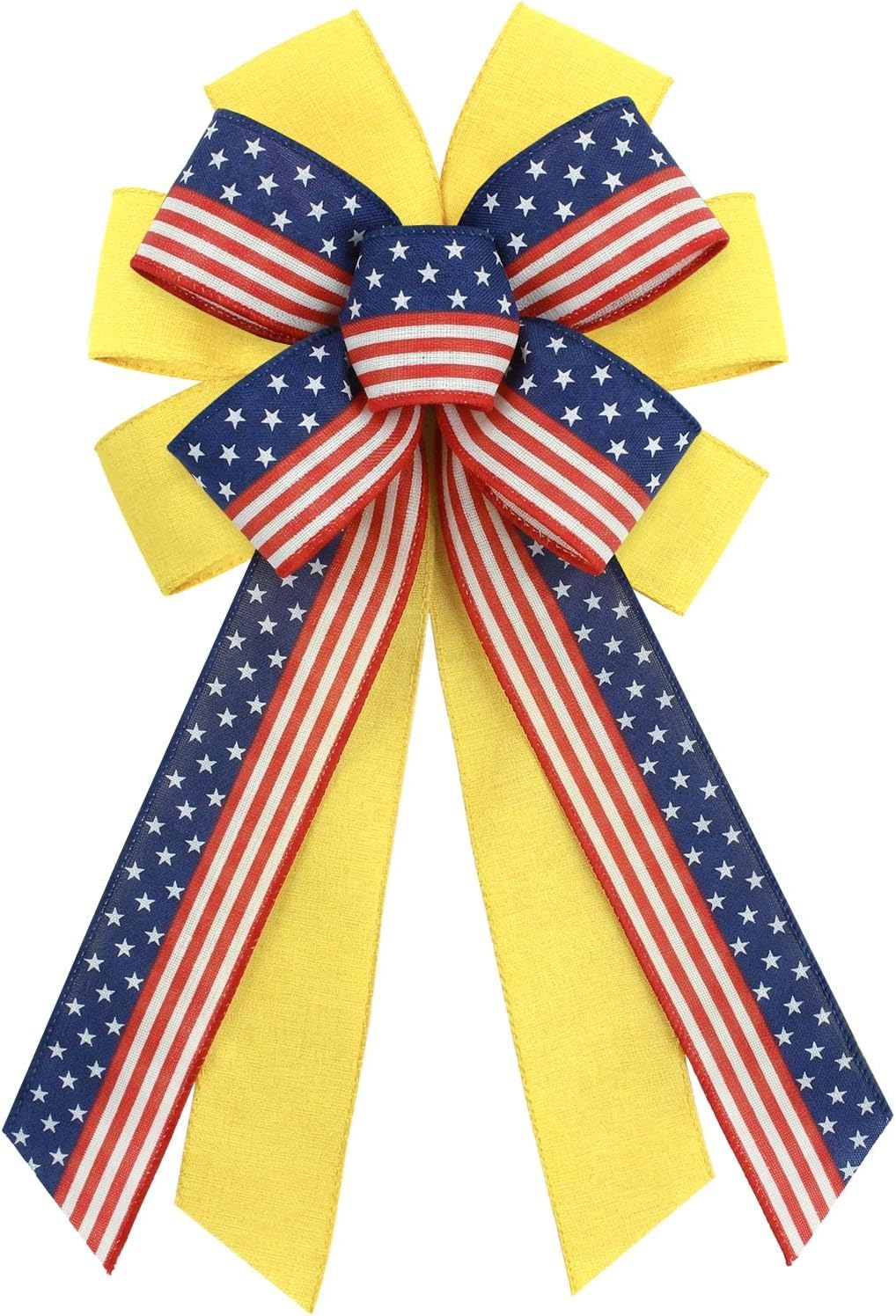 4th of July Wreath Bow American Patriotic Bows Yellow Stars and Stripes Farmhouse Bow Tree Ornament for Home Front Door Decorations