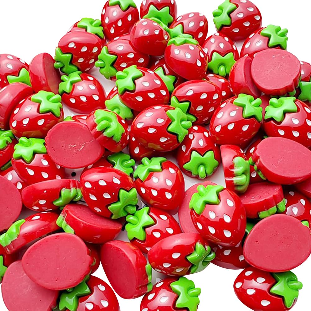 HugeDE 50 Pcs 2cm Resin Strawberry Charms Small Flatback Fruit Charms Decorative Scrapbooking Charms Mini Strawberries Decorations Fruit Embellishments for Craft