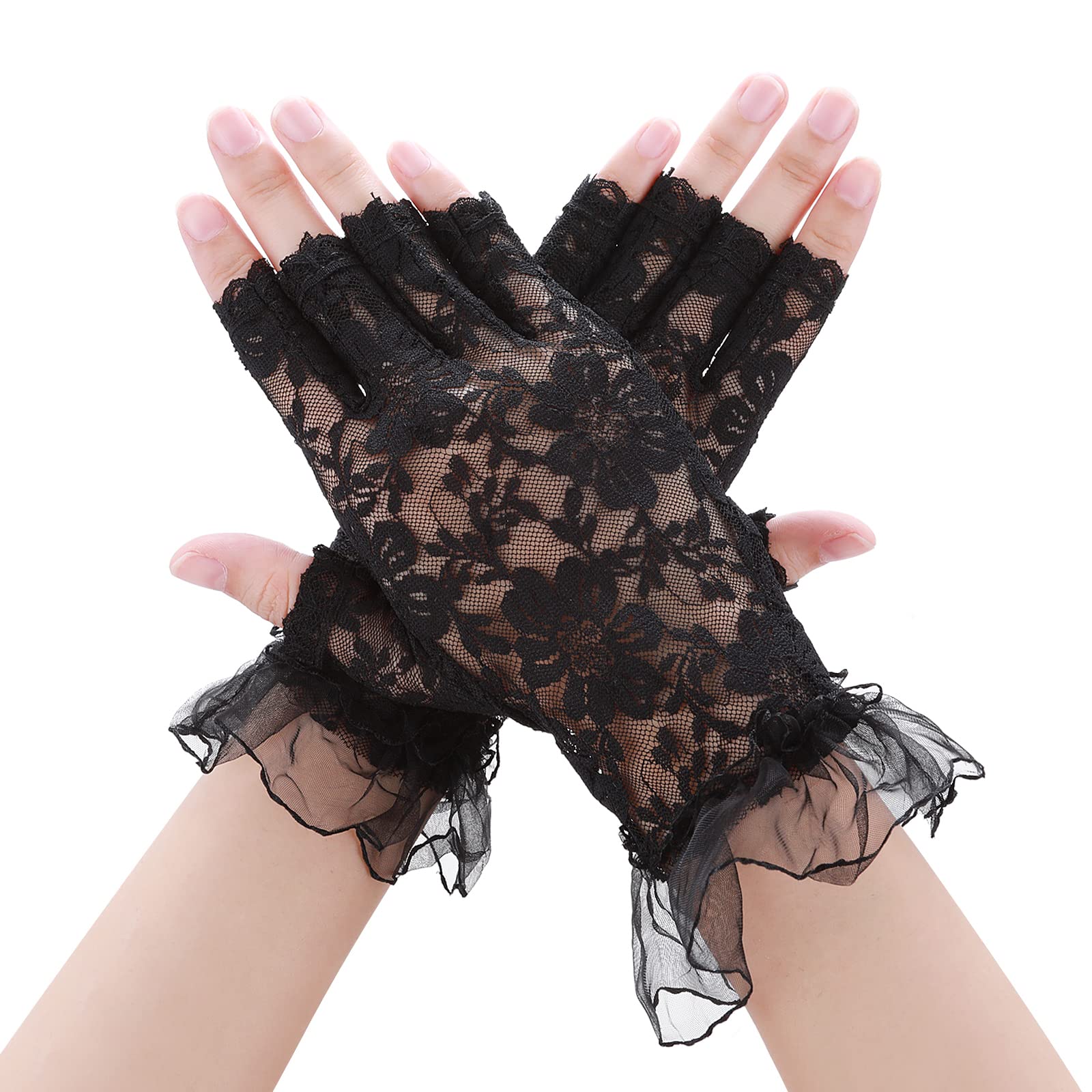 Yolev Guantes de Encaje Negro para Mujer Guantes de Encaje Cortos Guantes de Malla de Medio Dedo para Boda Funeral Opera Cena Fiesta de té
