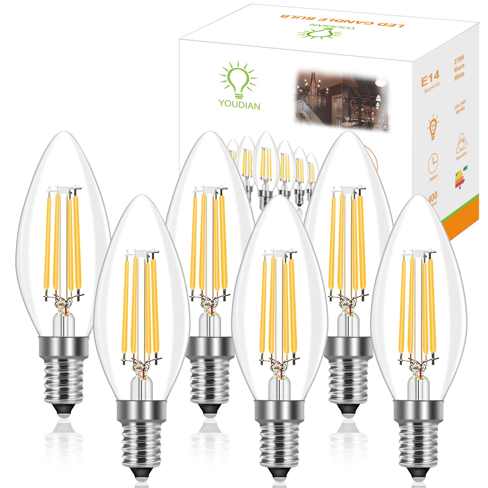 YOUDIAN E14 Led Light Bulb,C35 Led Candle Light Bulb,Small Edison Screw E14 Bulb,4W 220-240V Warm White 2700K 400Lm,Led Filament Candle Bulb, Replacement 40W, Non-Dimmable(6 Packs) — image 1