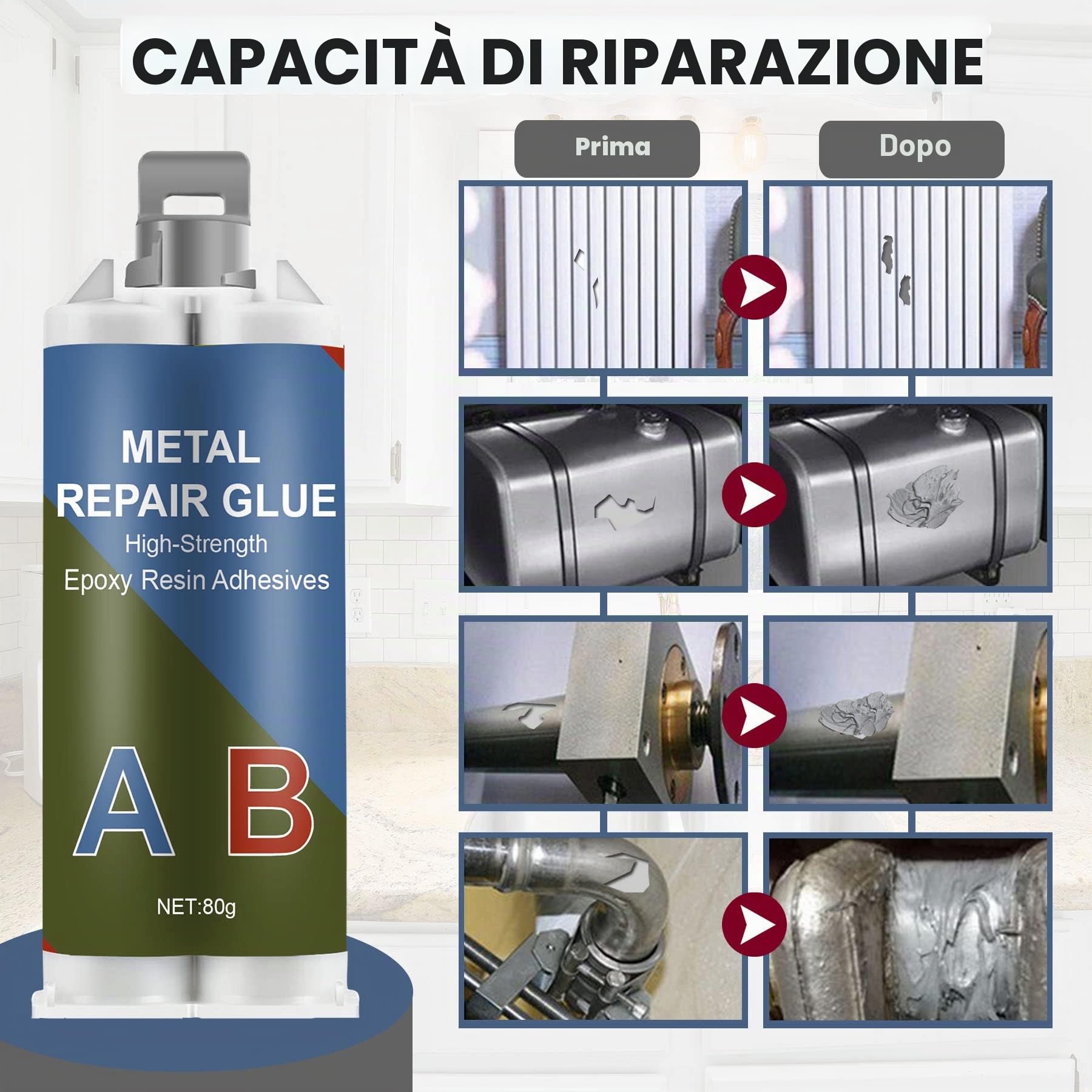 160 g Colla per metallo extra forte, metallo liquido resistente al calore, bicomponente per metalli per riparare fessure e crepe sulla superficie di acciaio inossidabile, legno, ceramica ecc.
