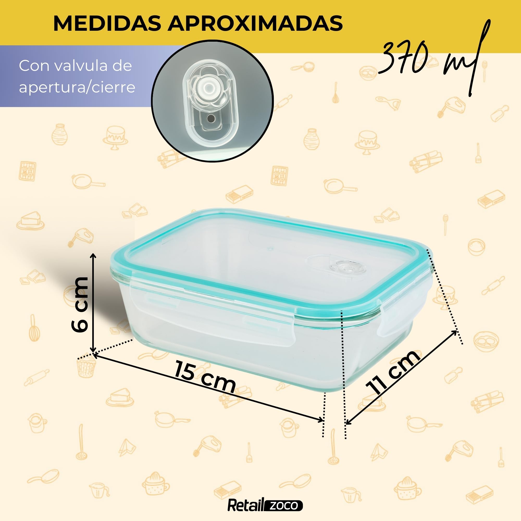 Fiambrera de Cristal rectangular, Recipientes de Cristal para Alimentos, Cierre Hermeticos con Tapa, Reutilizables, Apto Lavavajillas y Microondas, Libre de BPA, Capacidad 370 ml, Pack 4 uds - imagen 3